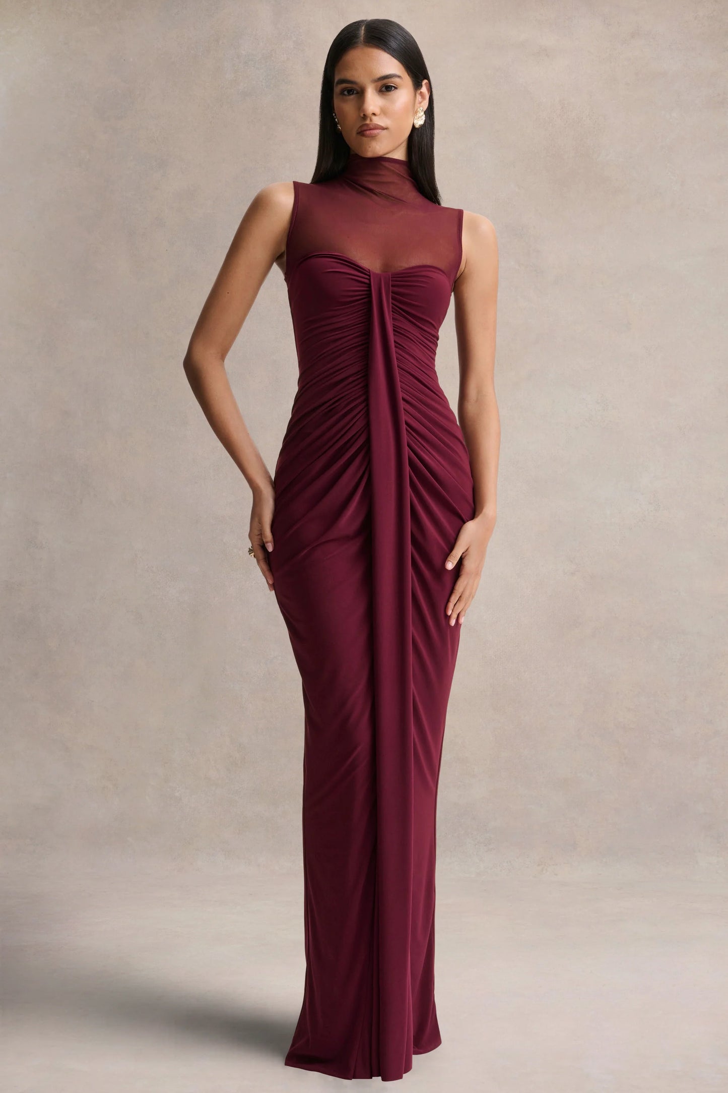 Brialle Burgundy High-Neck Maxi Dress With Mesh And Gathered-Detailing