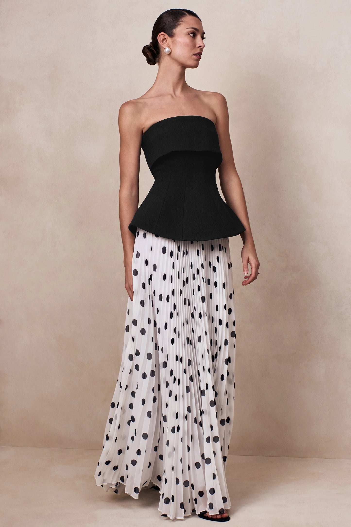 Stellara Black & White Polka Dot Bandeau Corset Maxi Dress With Sheer Skirt