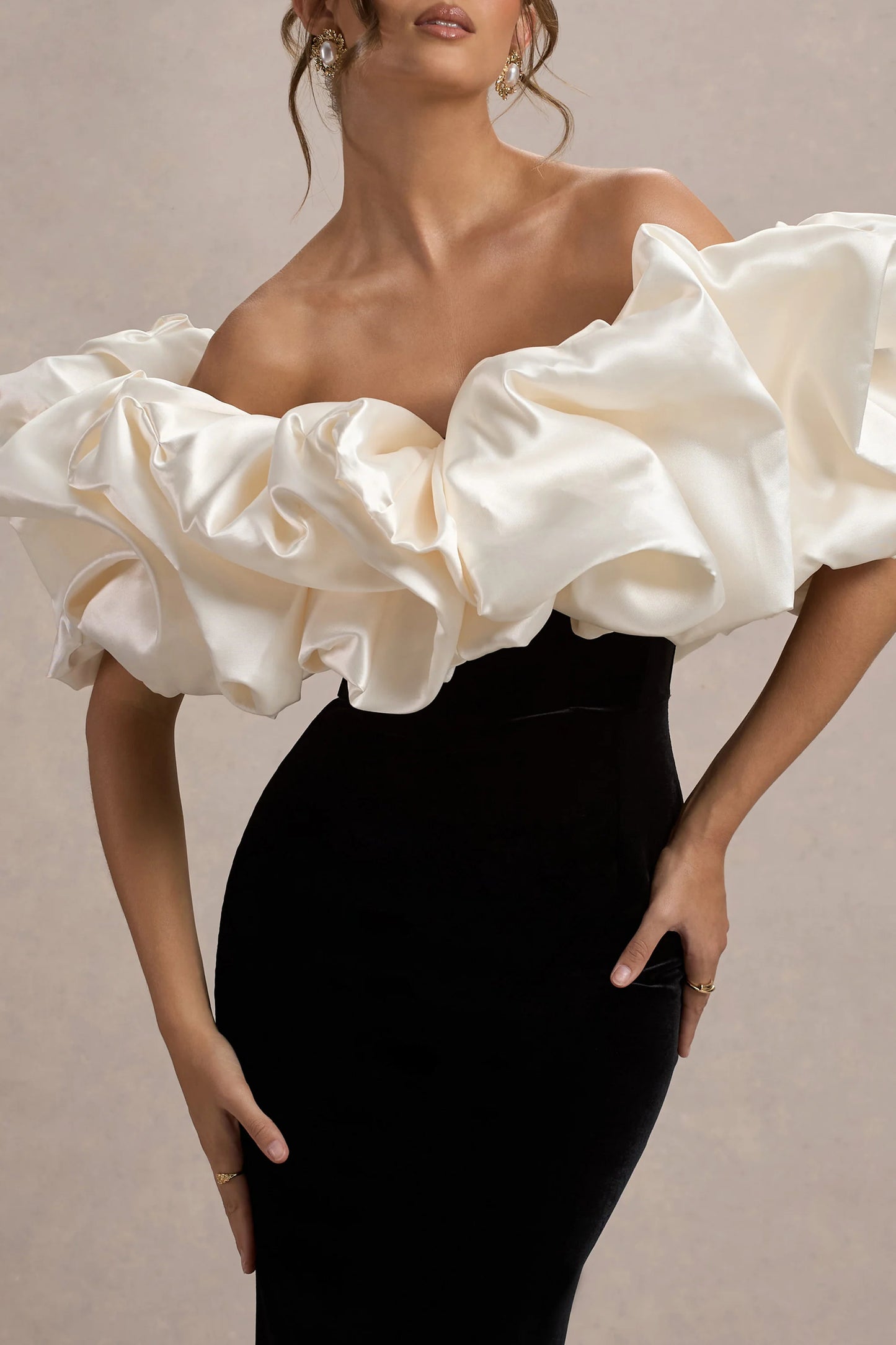 Cecily Black Velvet Bardot Maxi Dress With Satin Ruffle Trim