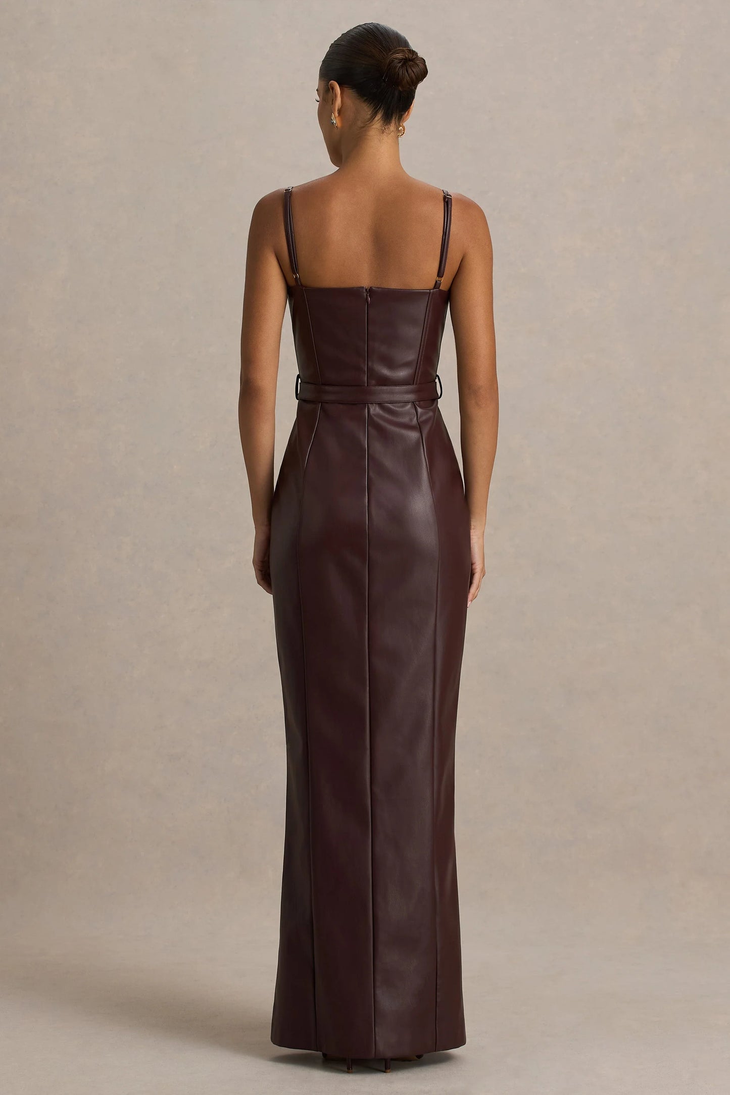 Lila Burgundy Faux Leather Plunge-Neck Maxi Dress With Split