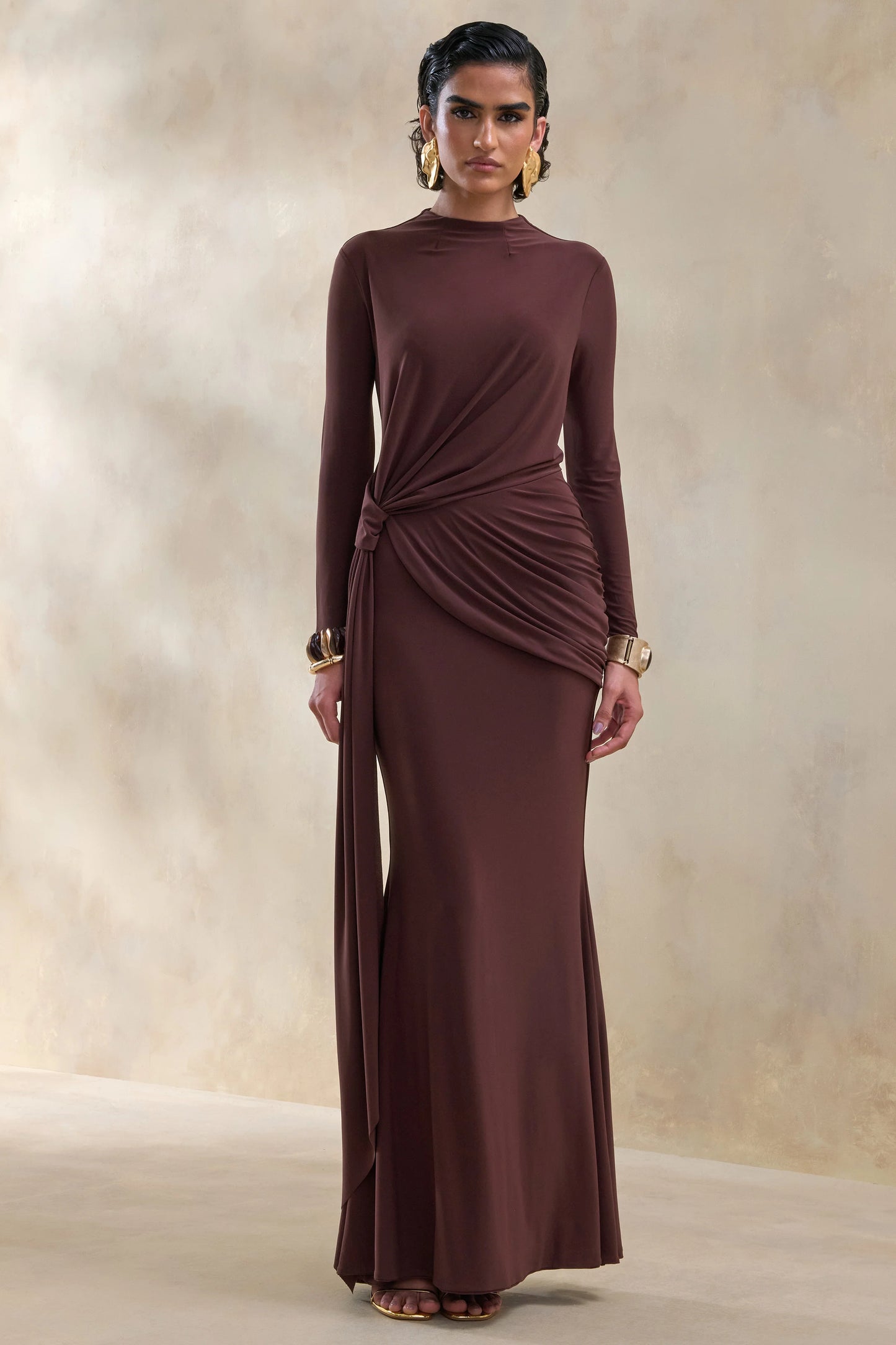 Kyrissa Brown High-Neck Maxi Dress With Gathered-Detailing