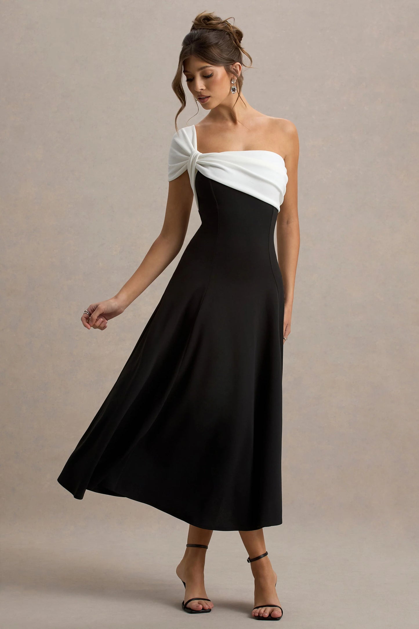 Malta Black & White One-Shoulder Midi Dress