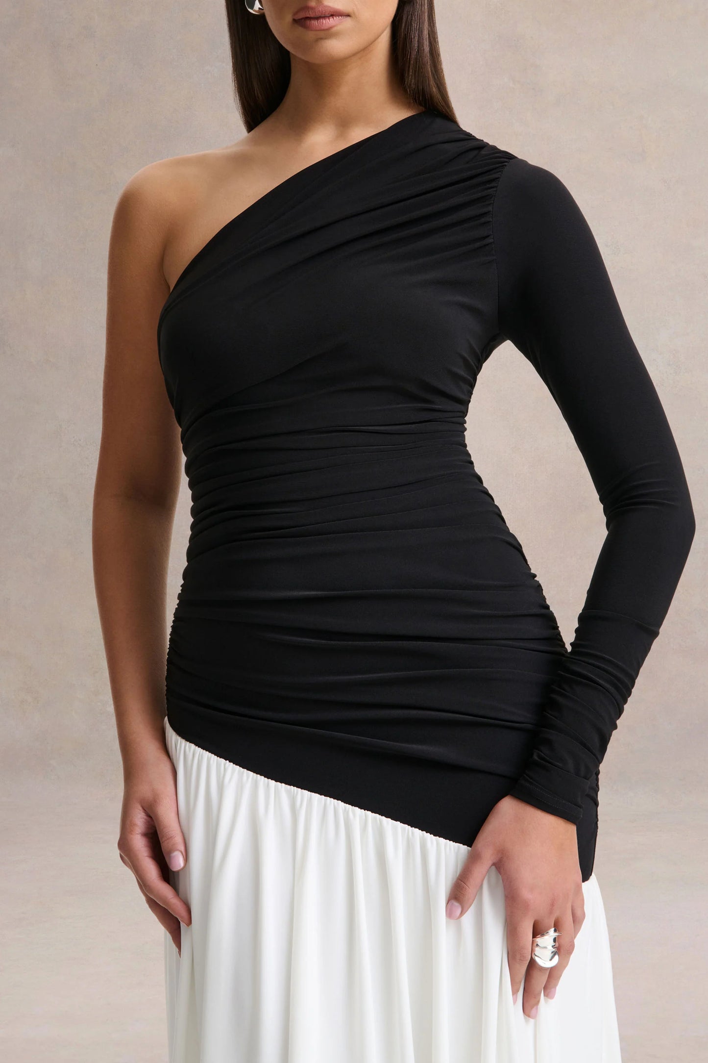 Danila Black And White Asymmetric-Neck Maxi Dress With Drop-Waist