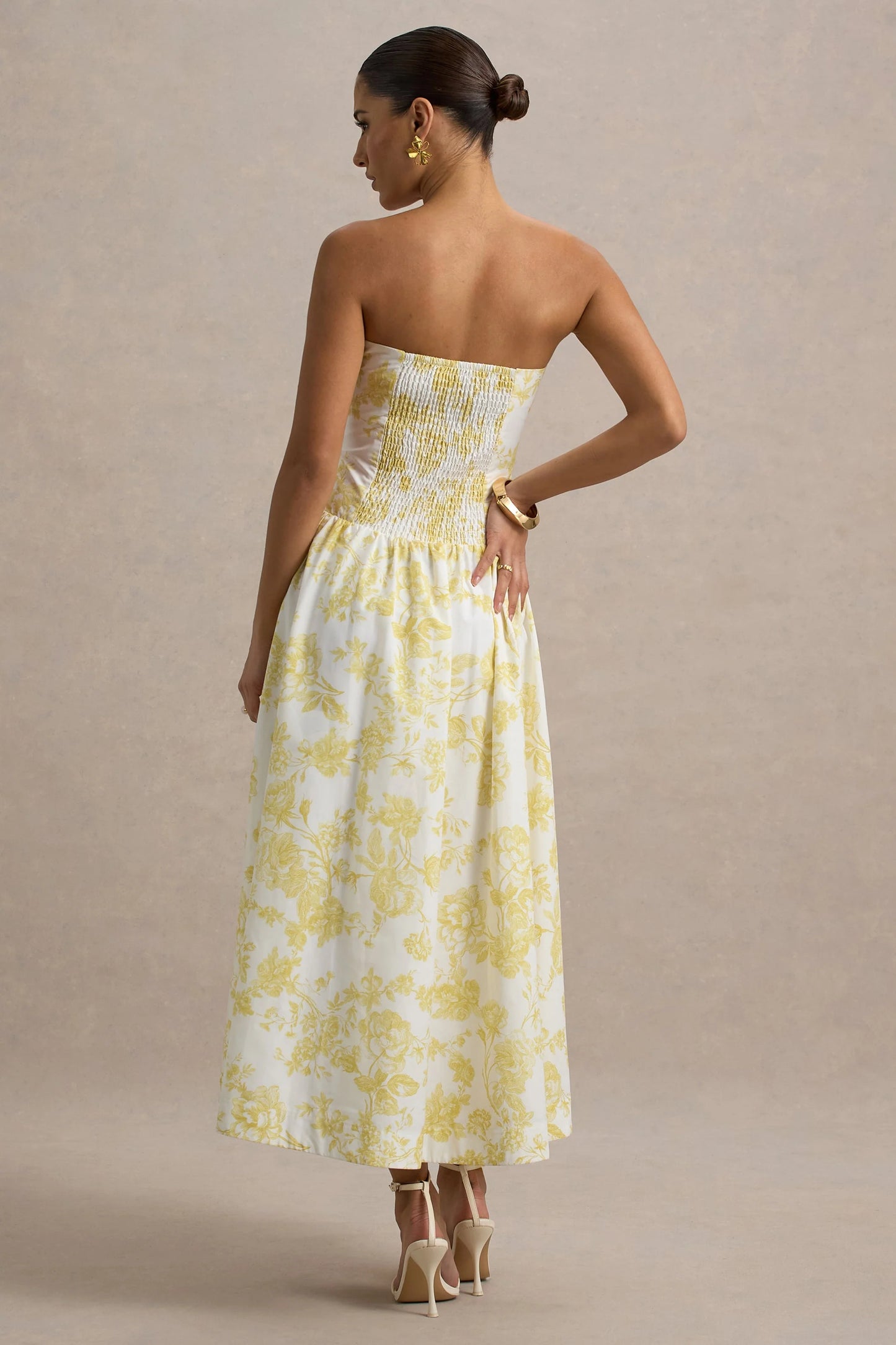 Bluebell Lemon Porcelain Print Poplin Bandeau Drop-Waist Midi Dress