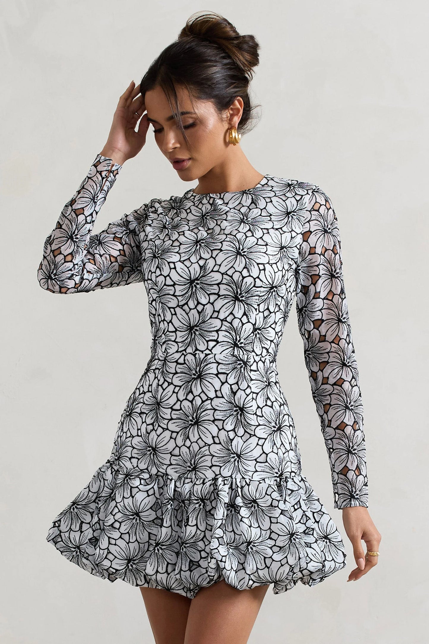 Claribel Black & White Lace Long-Sleeve Mini Dress With Ruffle Hem