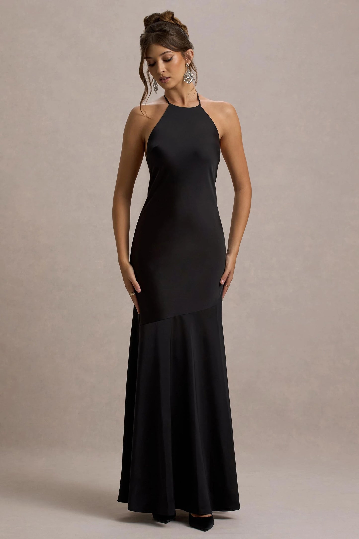 Frida Black Satin Halter-Neck Backless Maxi Dress