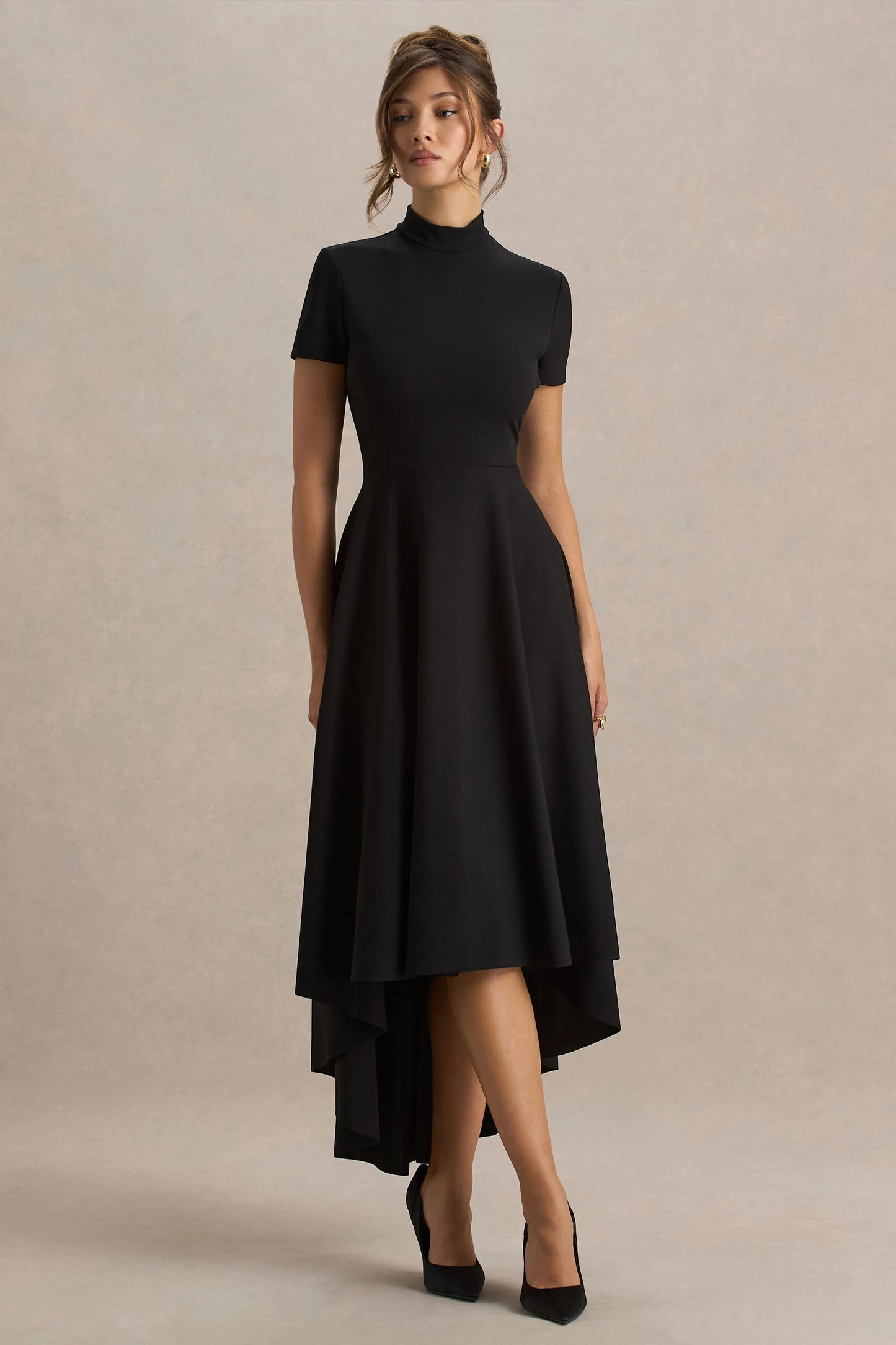 Bellona Black High-Neck High-Low Midi Dress