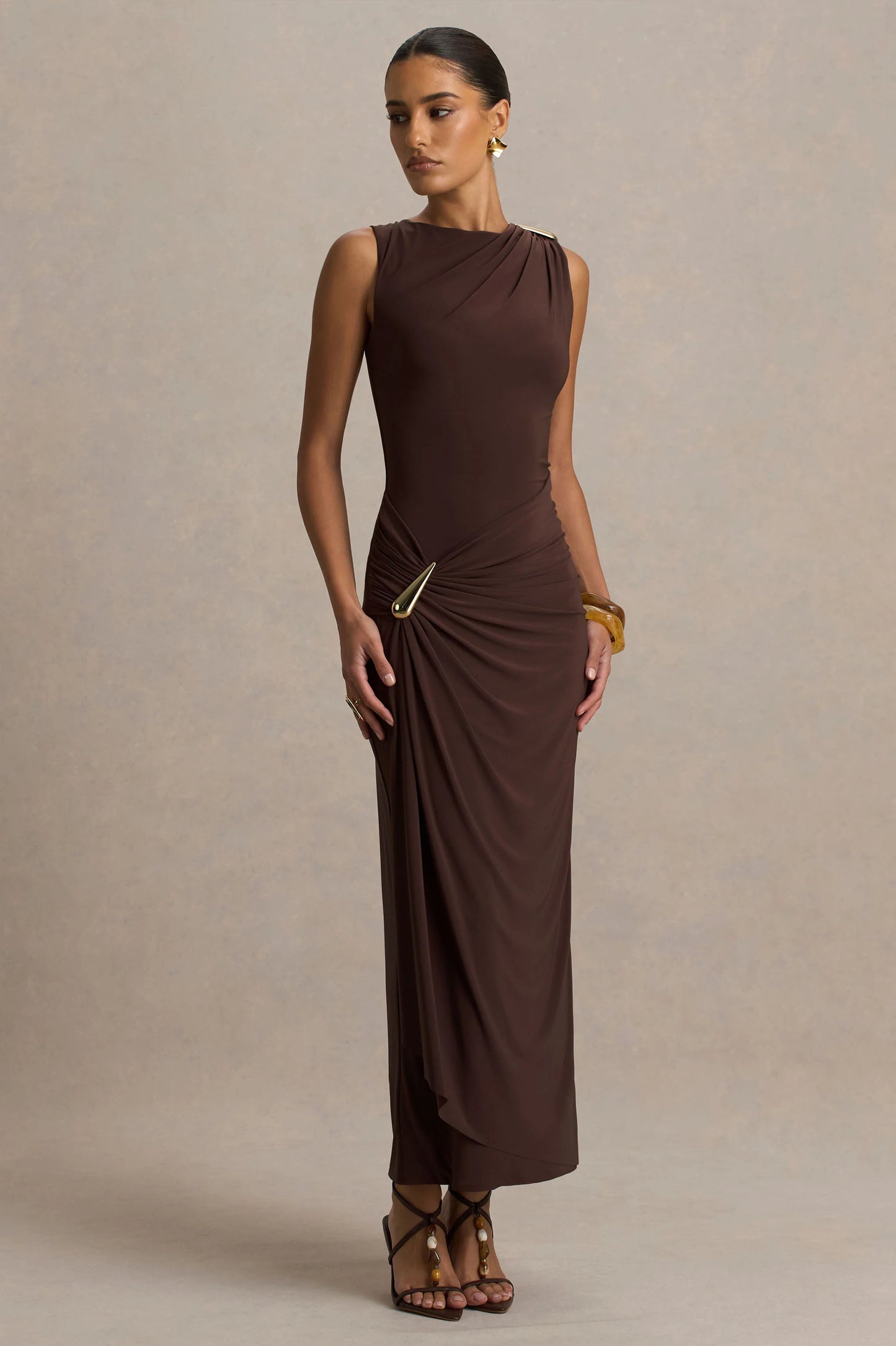 Fiora Brown Wide-Neck Maxi Dress With Gathered Detail