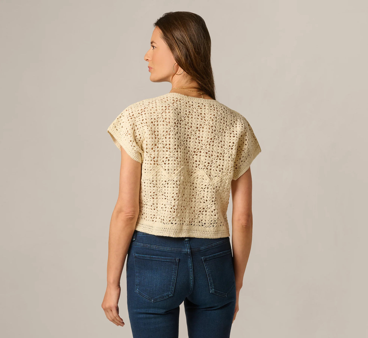 Short Sleeve Open Crochet Top In Cream