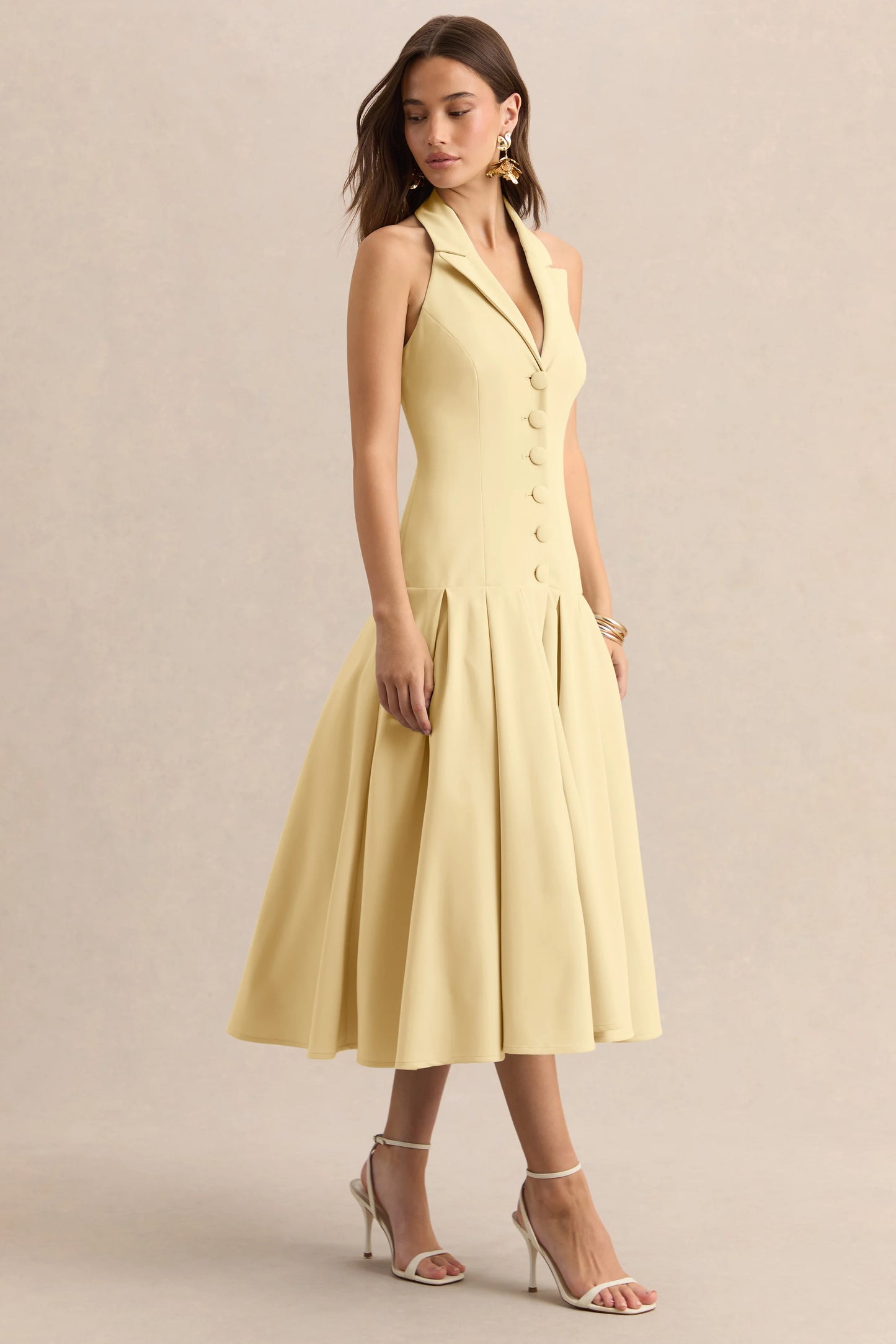Elise Lemon Plunge-Neck Midi Dress With Drop-Waist