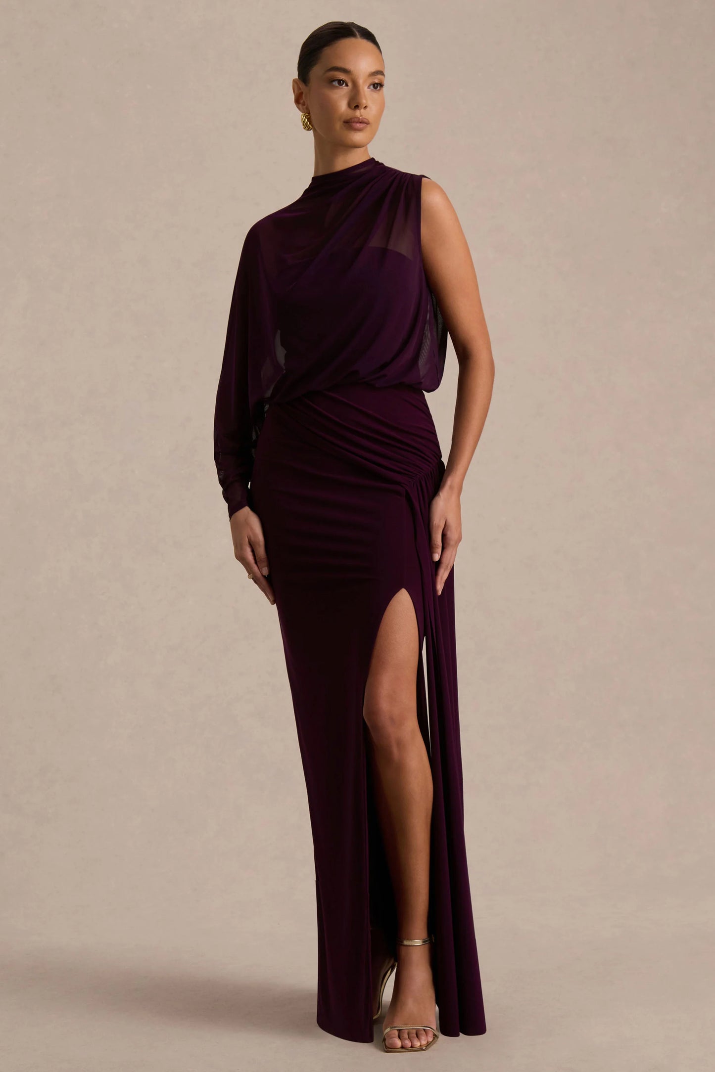 Aurelia Dark Plum High-Neck Wrapped Maxi Dress With One-Cape Sleeve