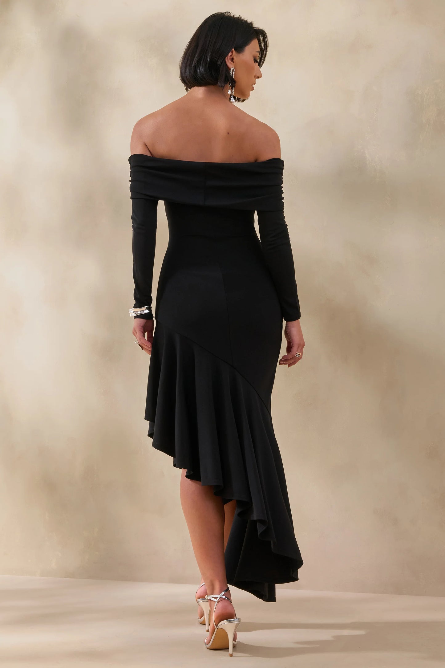 Goldara Black Bardot-Neck Maxi Dress With Ruffled Asymmetric-Hem