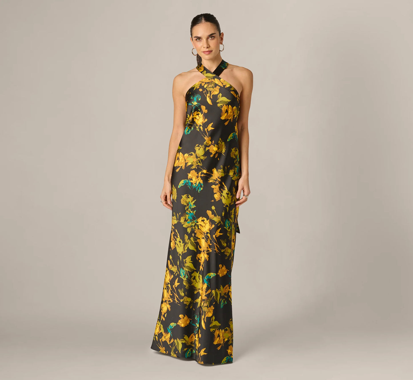 Floral Stretch Satin Scarf Halter Gown In Black Multi