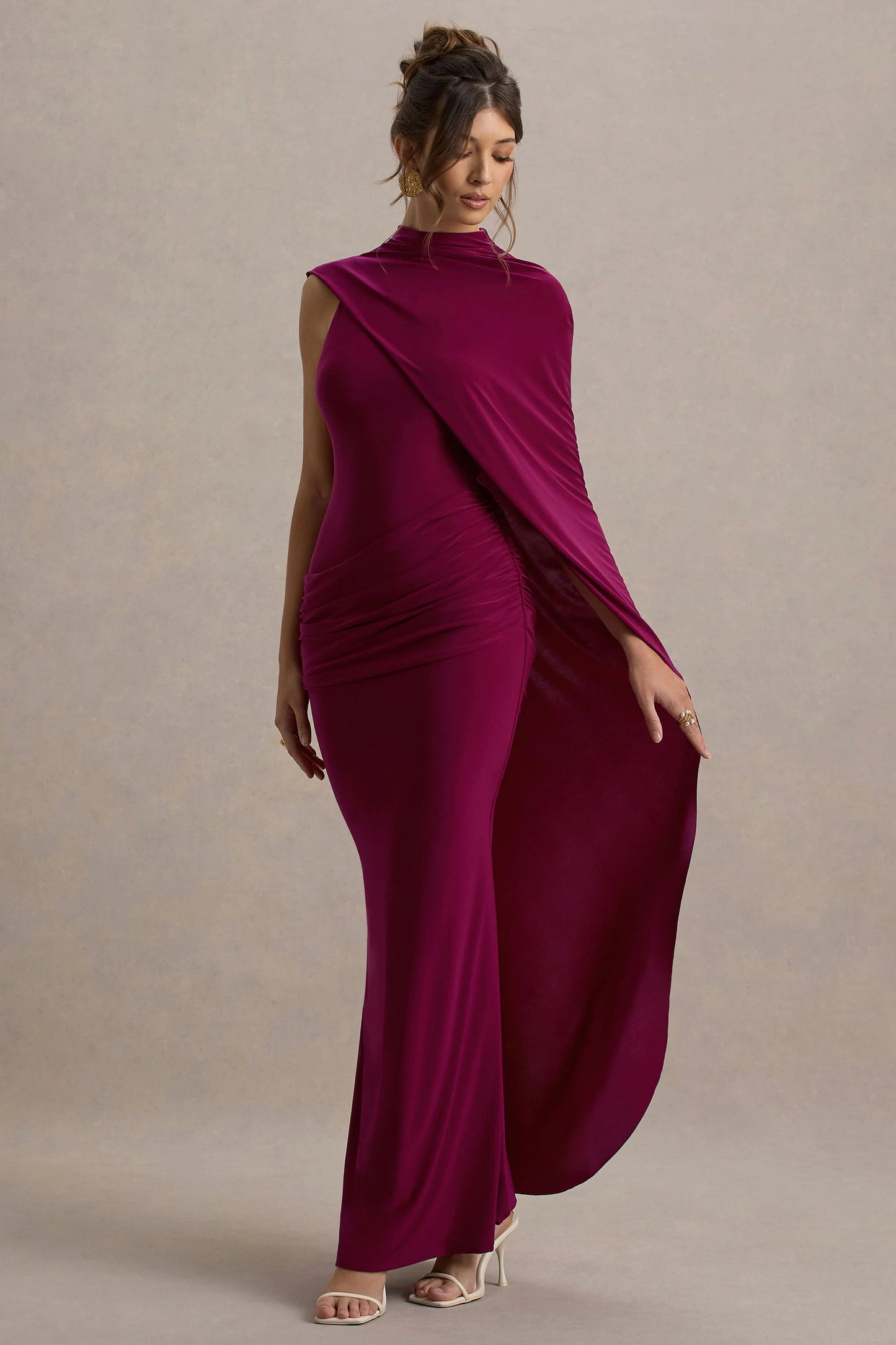 Maeve Burgundy Cape-Sleeve Draped Maxi Dress