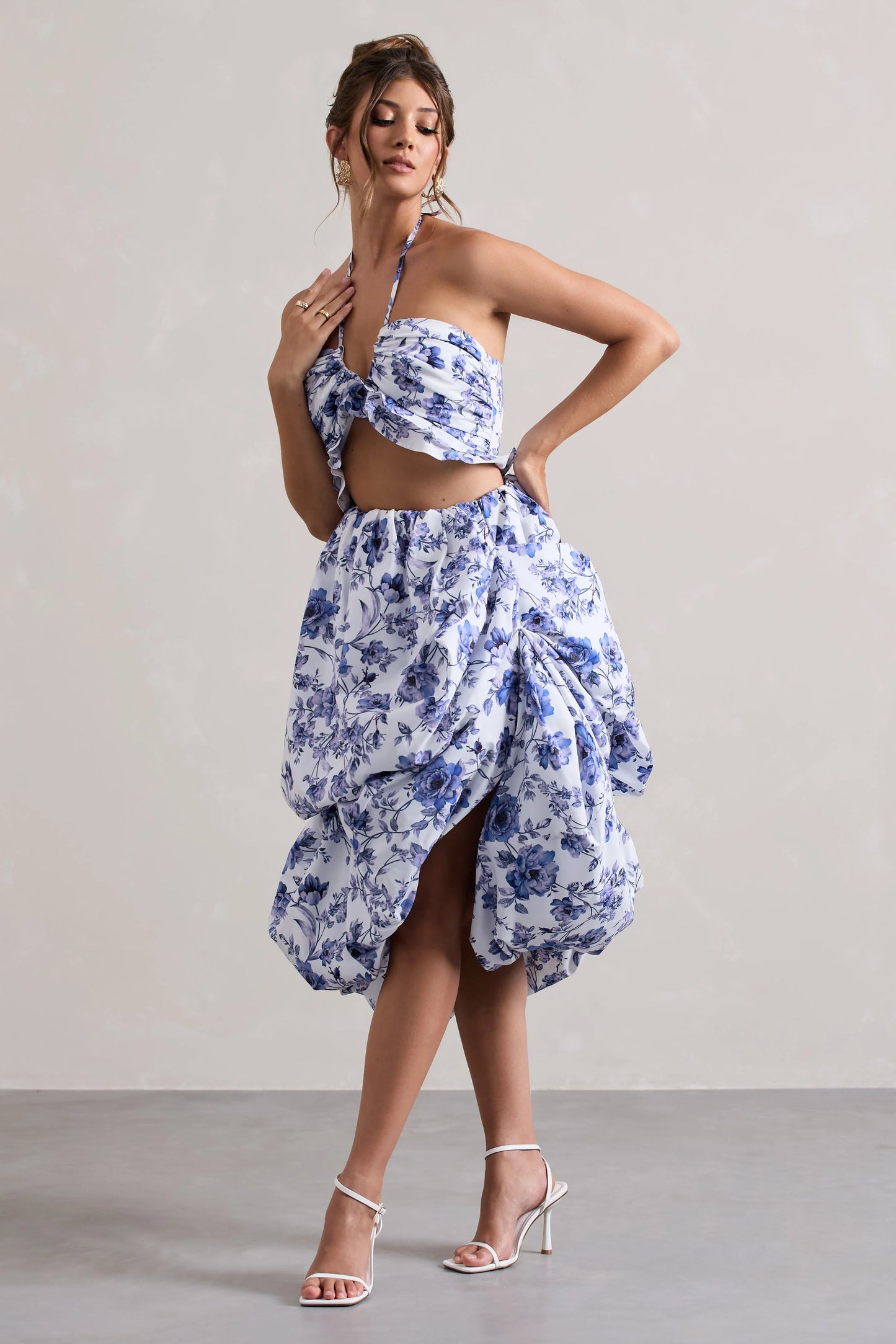 Make Waves Floral Print Volume High-Low Midi Skirt