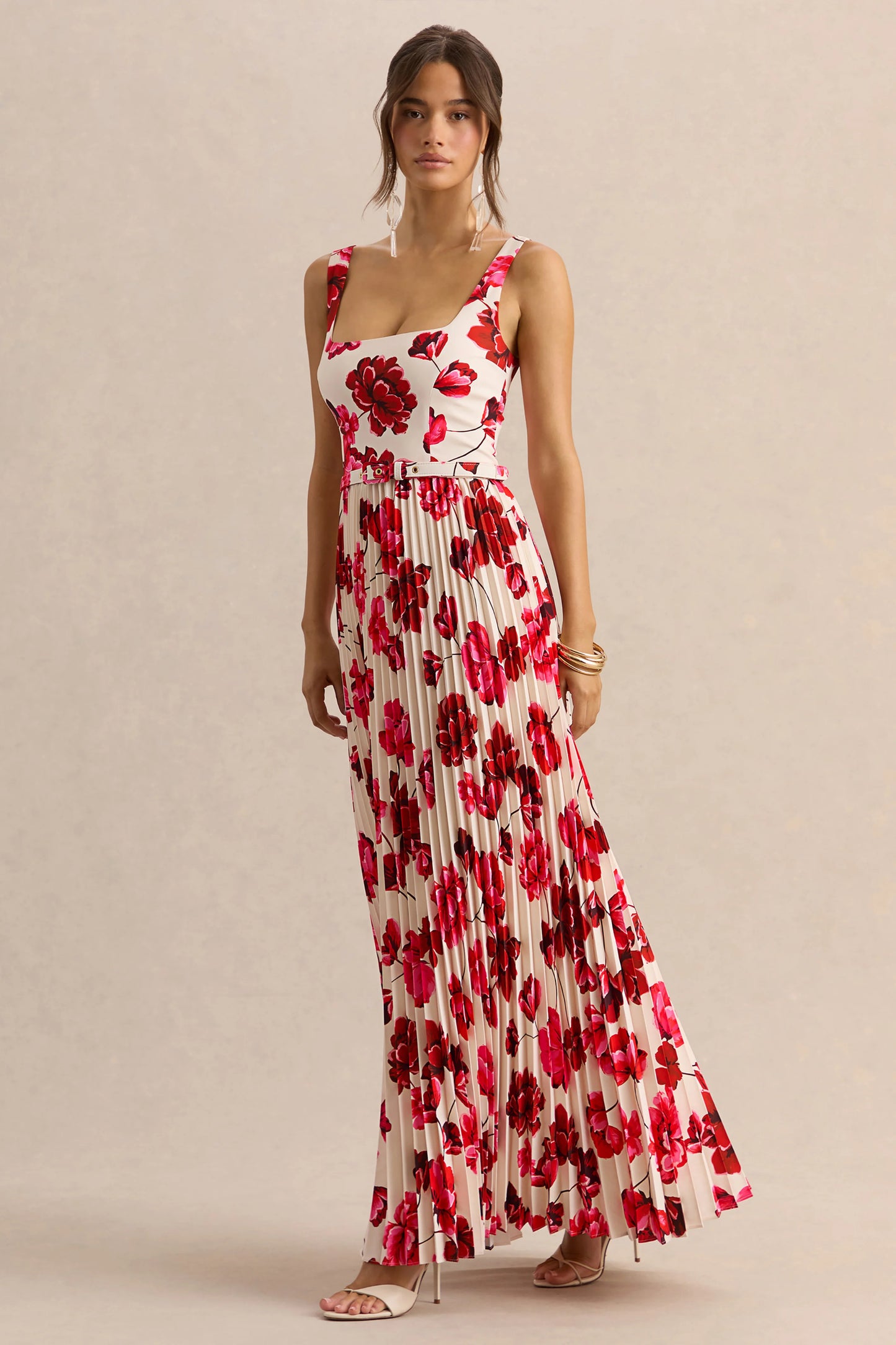 Danika Hot Pink Floral Print Square-Neck Belted Maxi Dress With Pleated Skirt