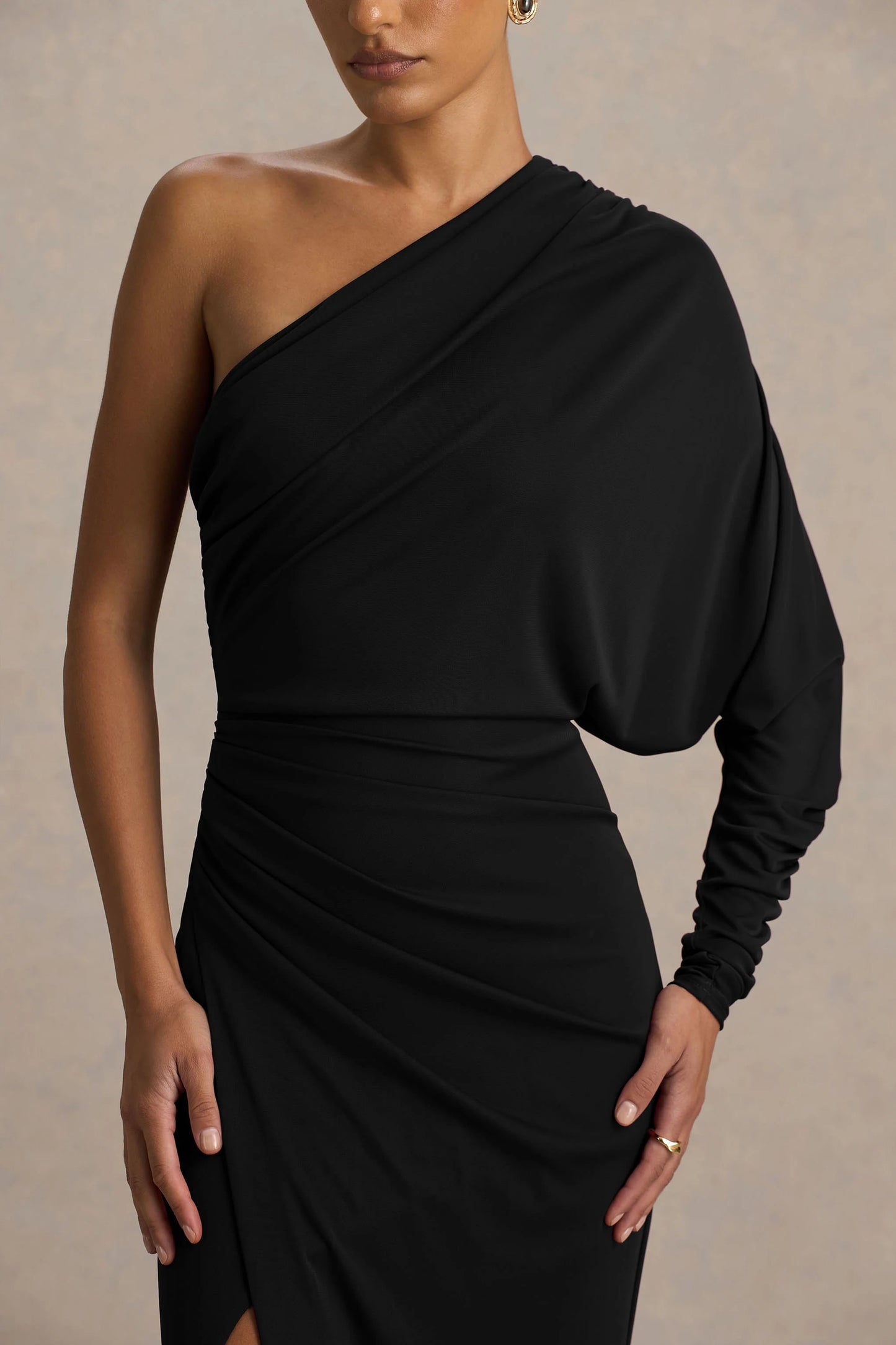 Lola Black Asymmetric-Neck Maxi Dress With Ruched Detailing And Front High-Split
