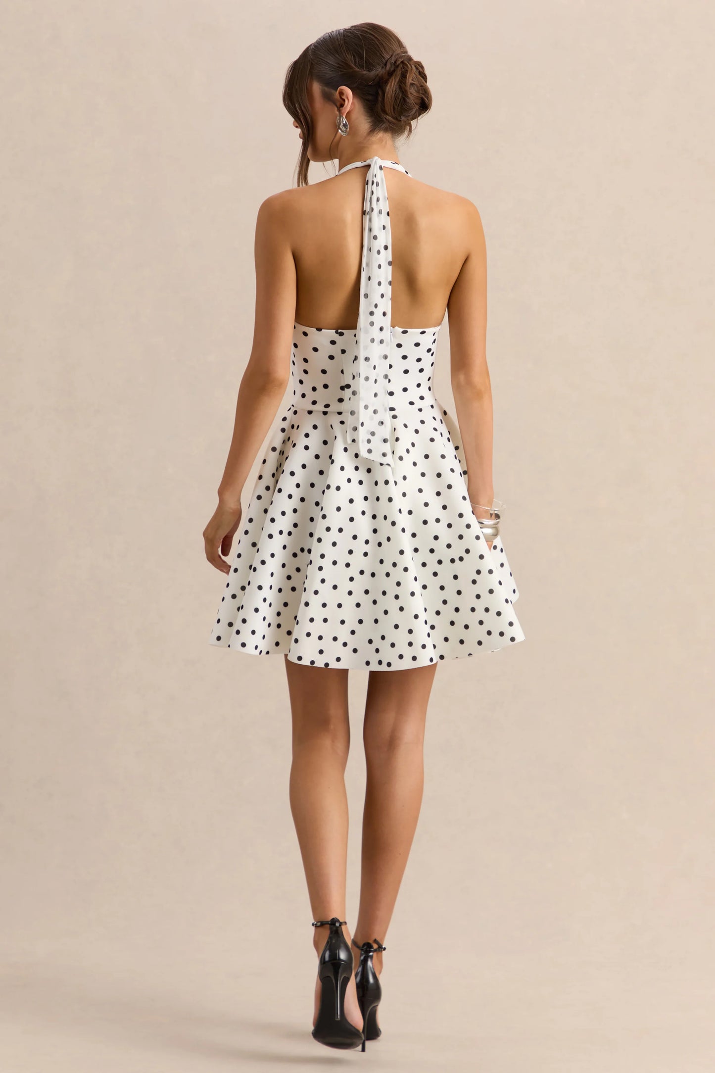 Peggy White & Black Polka Dot Halter-Neck Skater Mini Dress