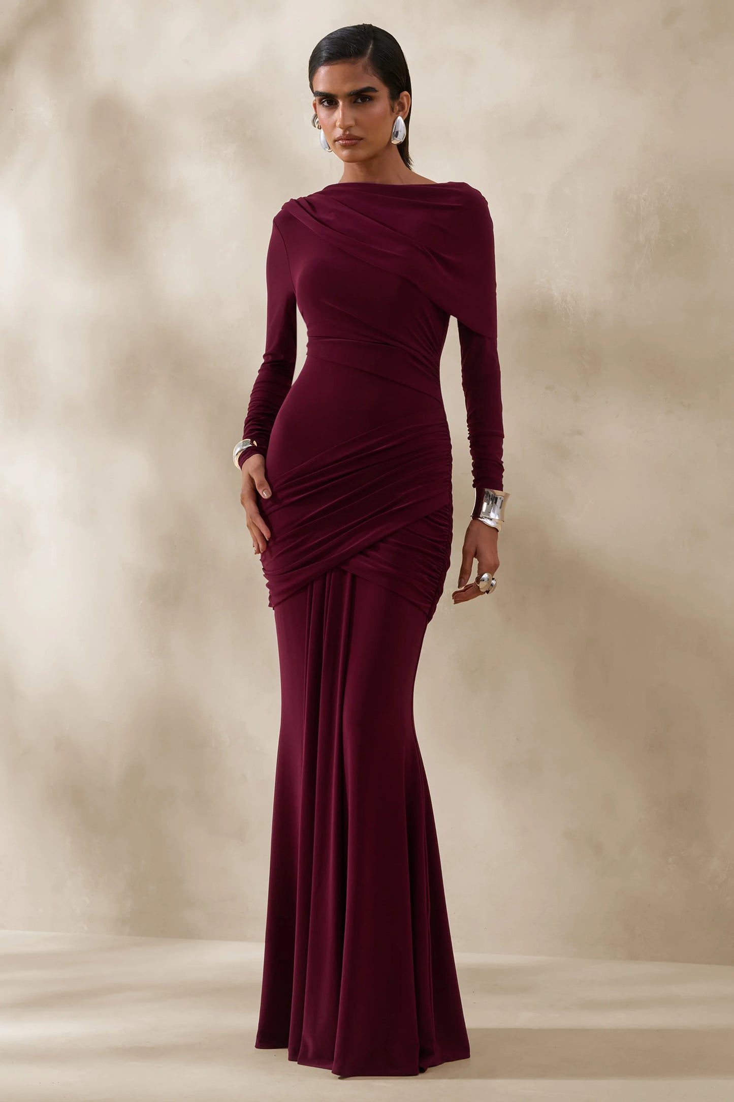 Kessara Burgundy Asymmetric-Neck Maxi Dress With Sash And Gathered-Detailing