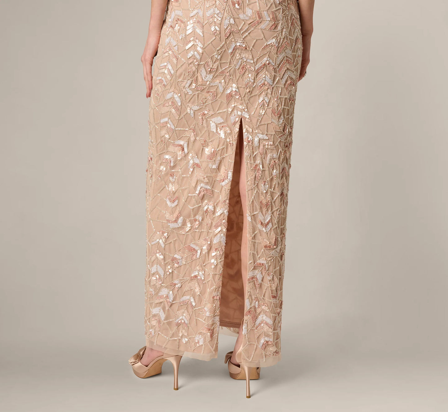 Sequin Beaded Leaf Halter Gown In Rose Quartz