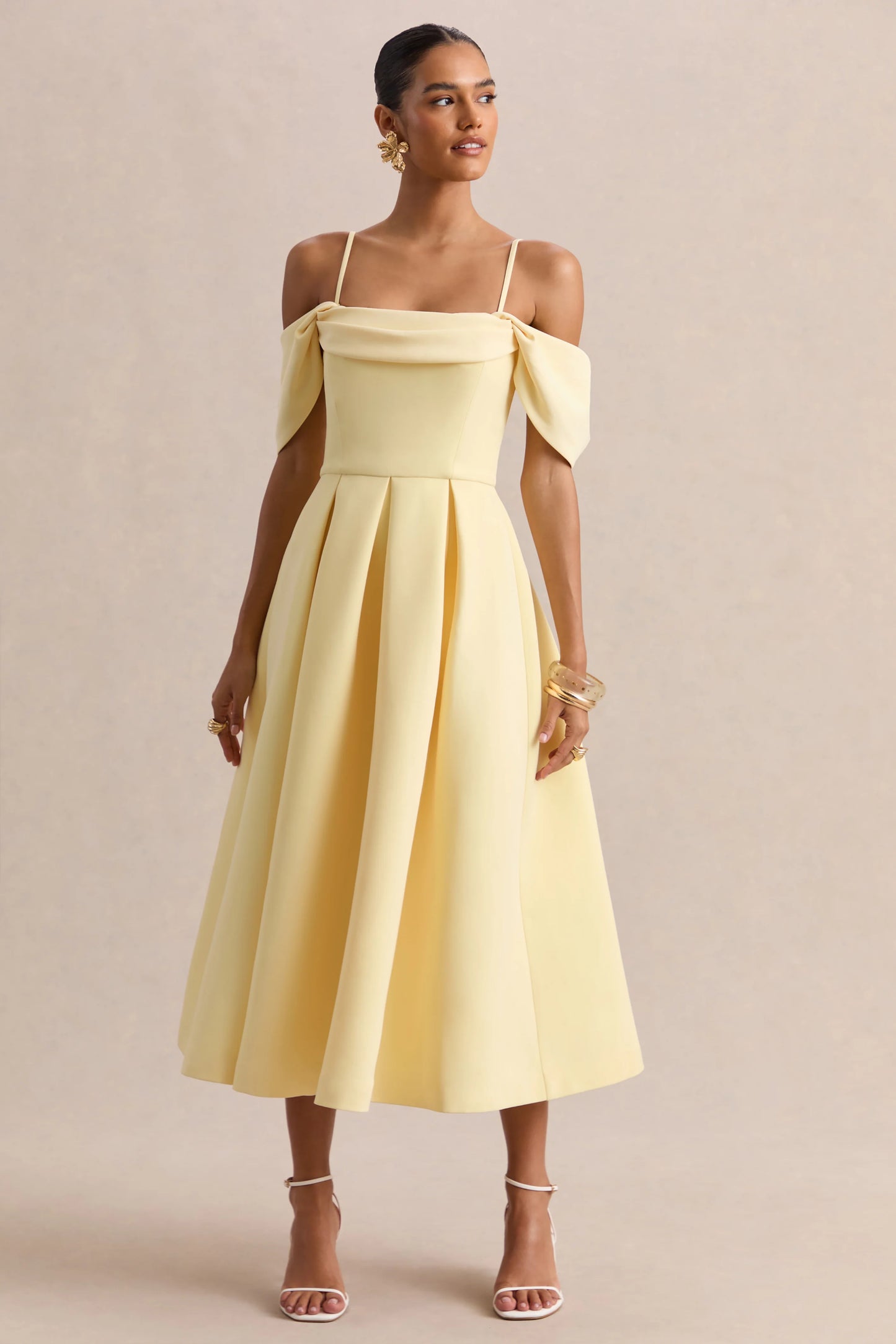 Cosima Lemon Bardot-Neck Midi Dress