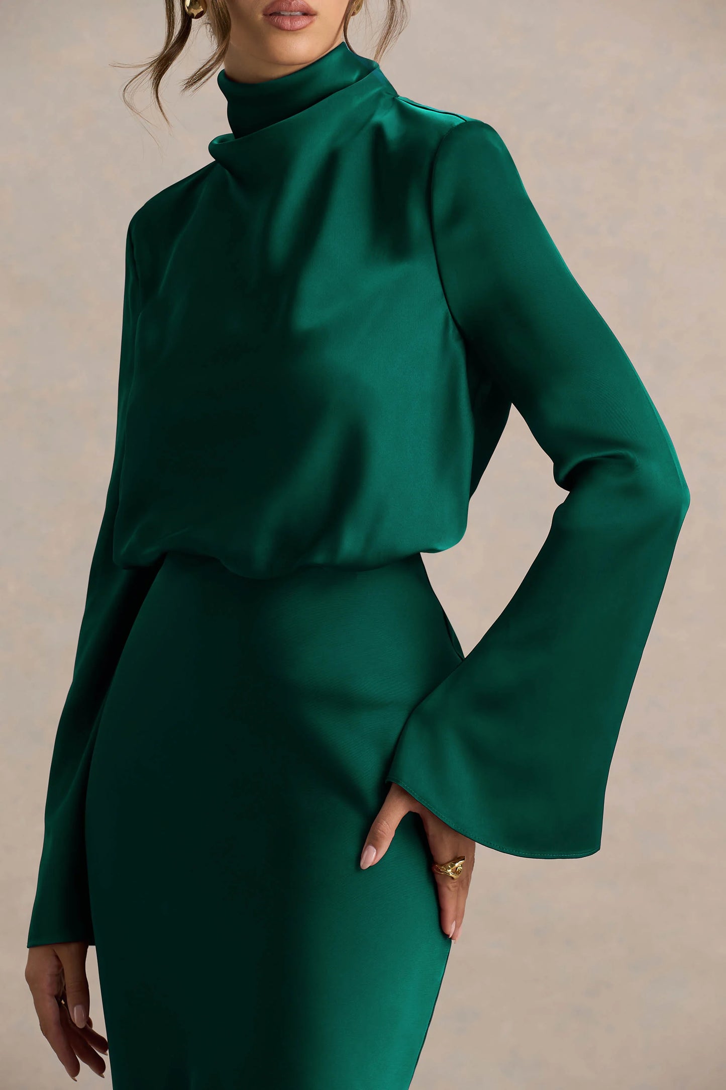 Celina Bottle Green Satin High-Neck Maxi Dress