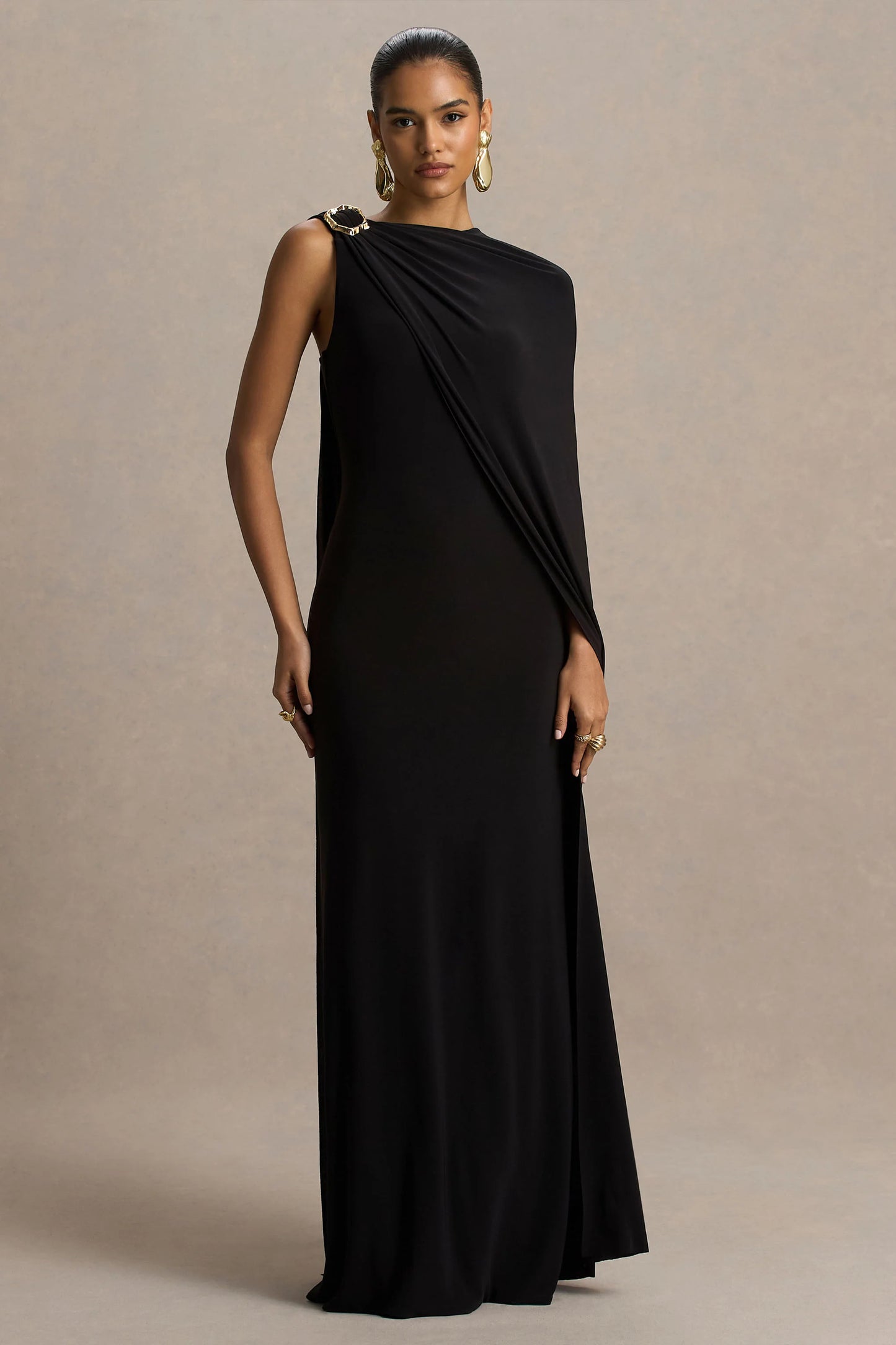 Cressida Black Asymmetric-Neck Maxi Dress With Cape And Gold Detail
