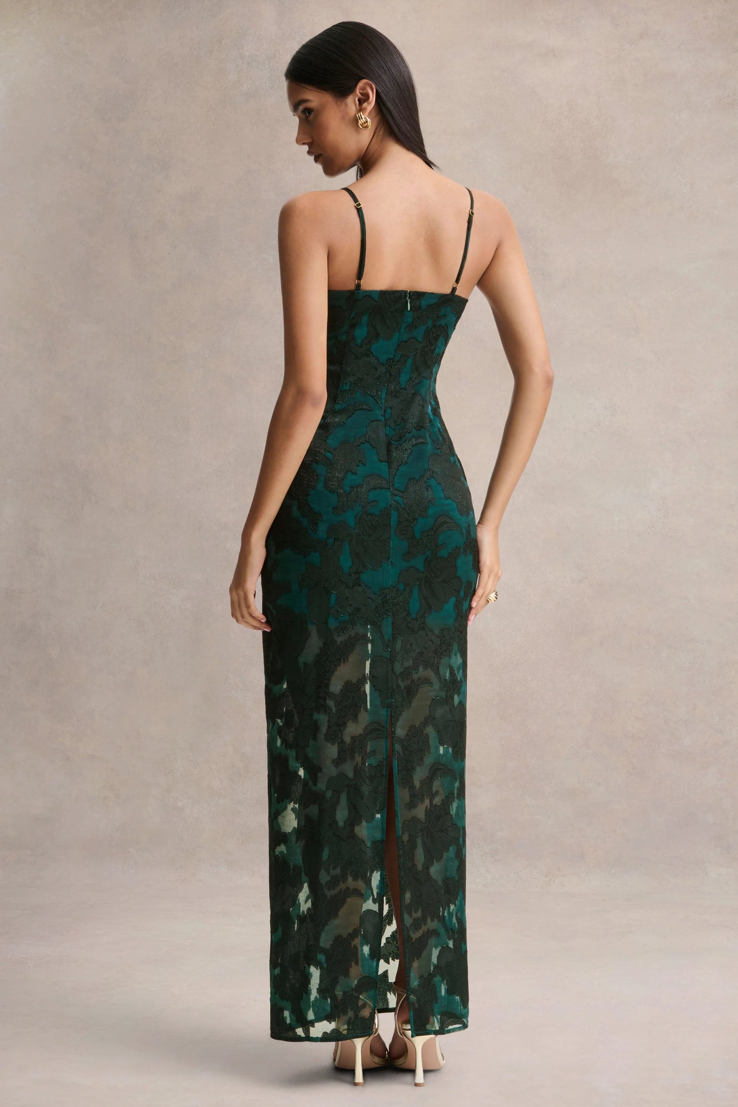Hada Dark Green Satin Devore Square-Neck Maxi Dress With Removable Twisted-Cape