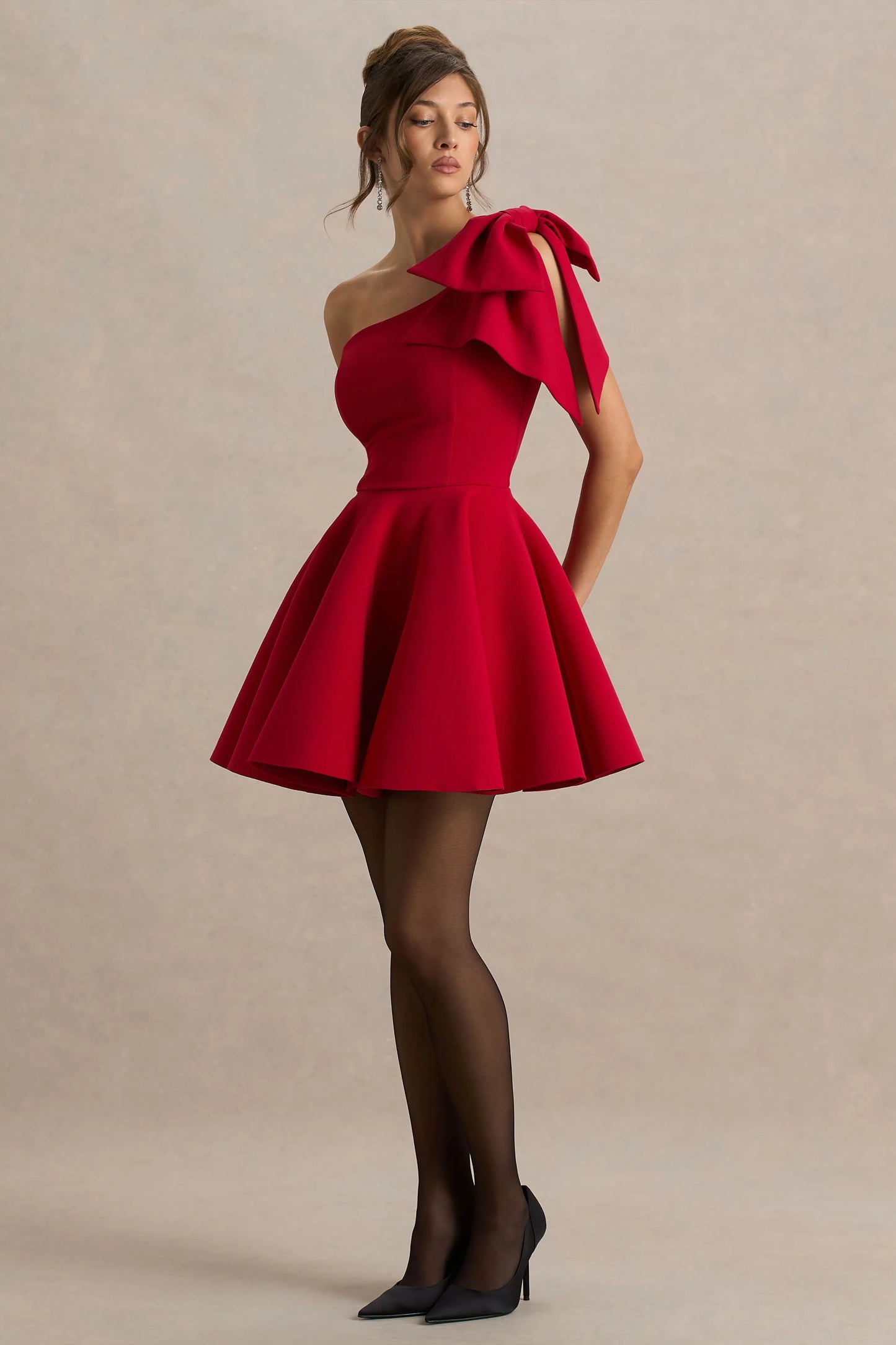 Prosperity Red Asymmetric-Neck Mini Dress With Bow Detail