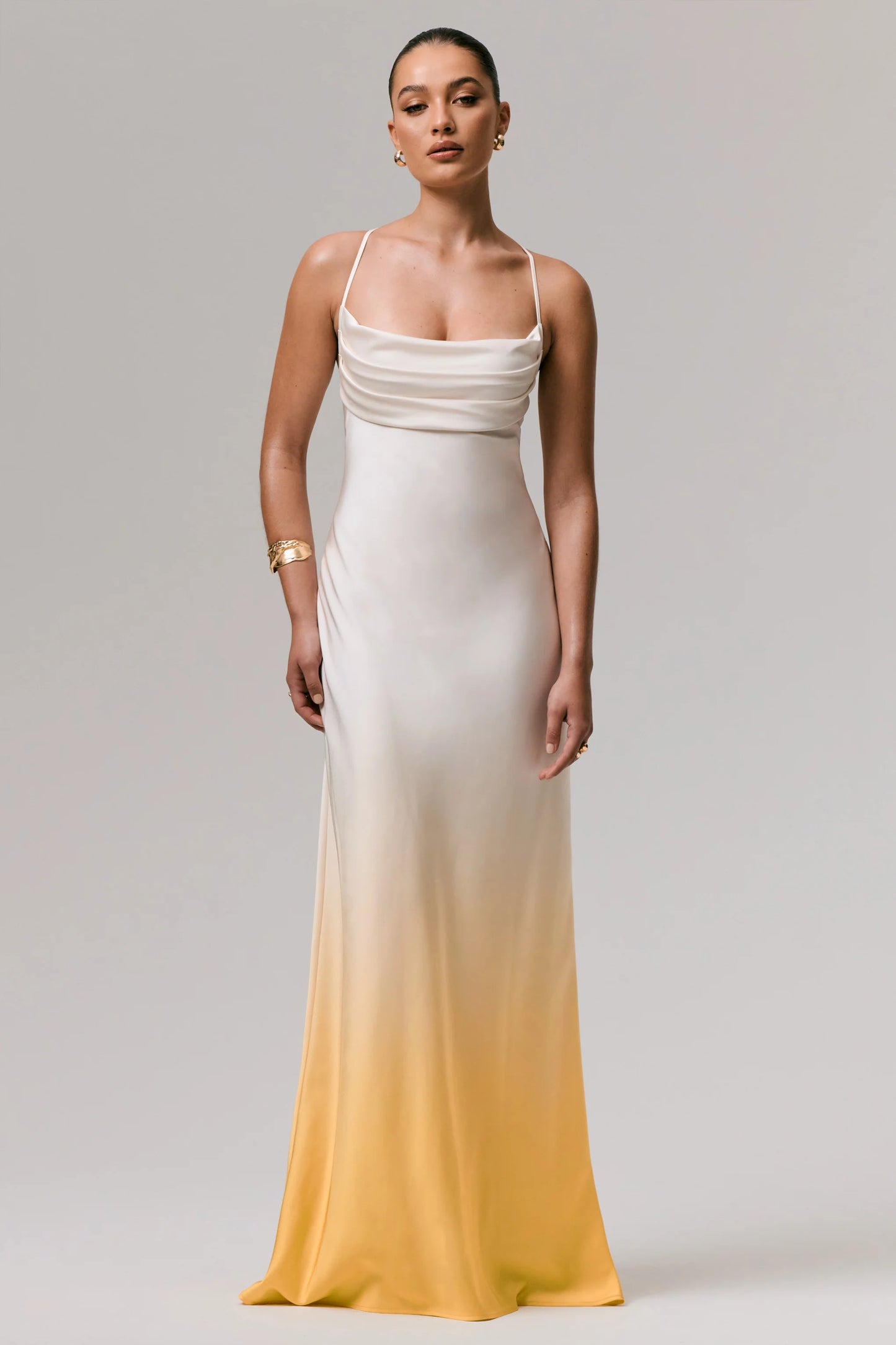 Lucie Yellow Ombre Satin Cowl-Neck Maxi Dress