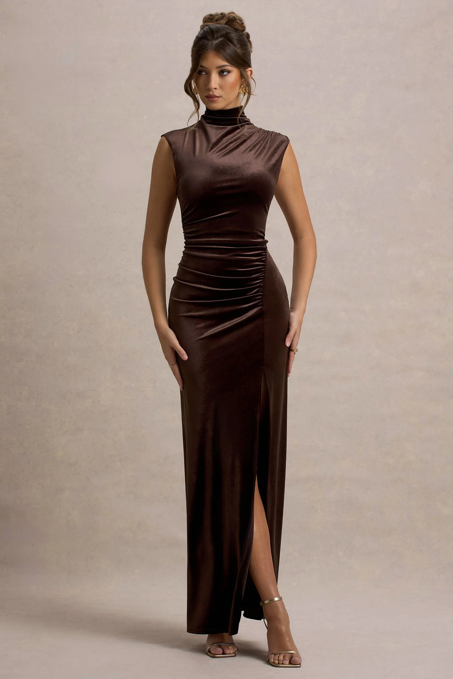 Abilene Chocolate Velvet High-Neck Split Maxi Dress