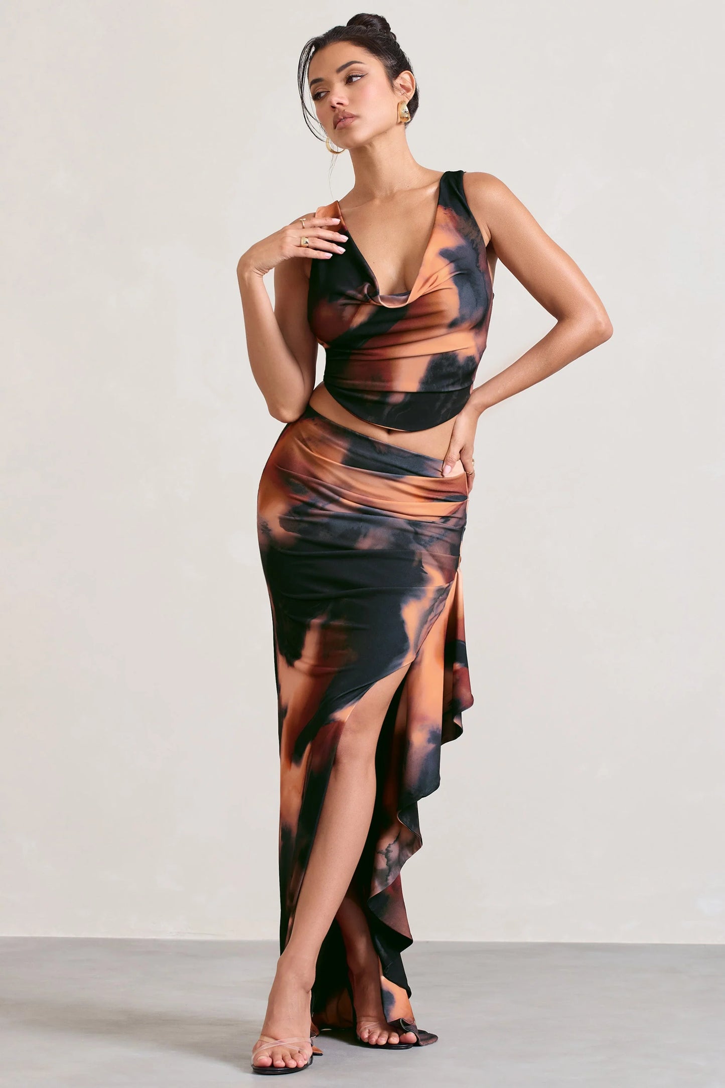 La Belle Orange Smoke Print Ruffle Maxi Skirt With Thigh Split