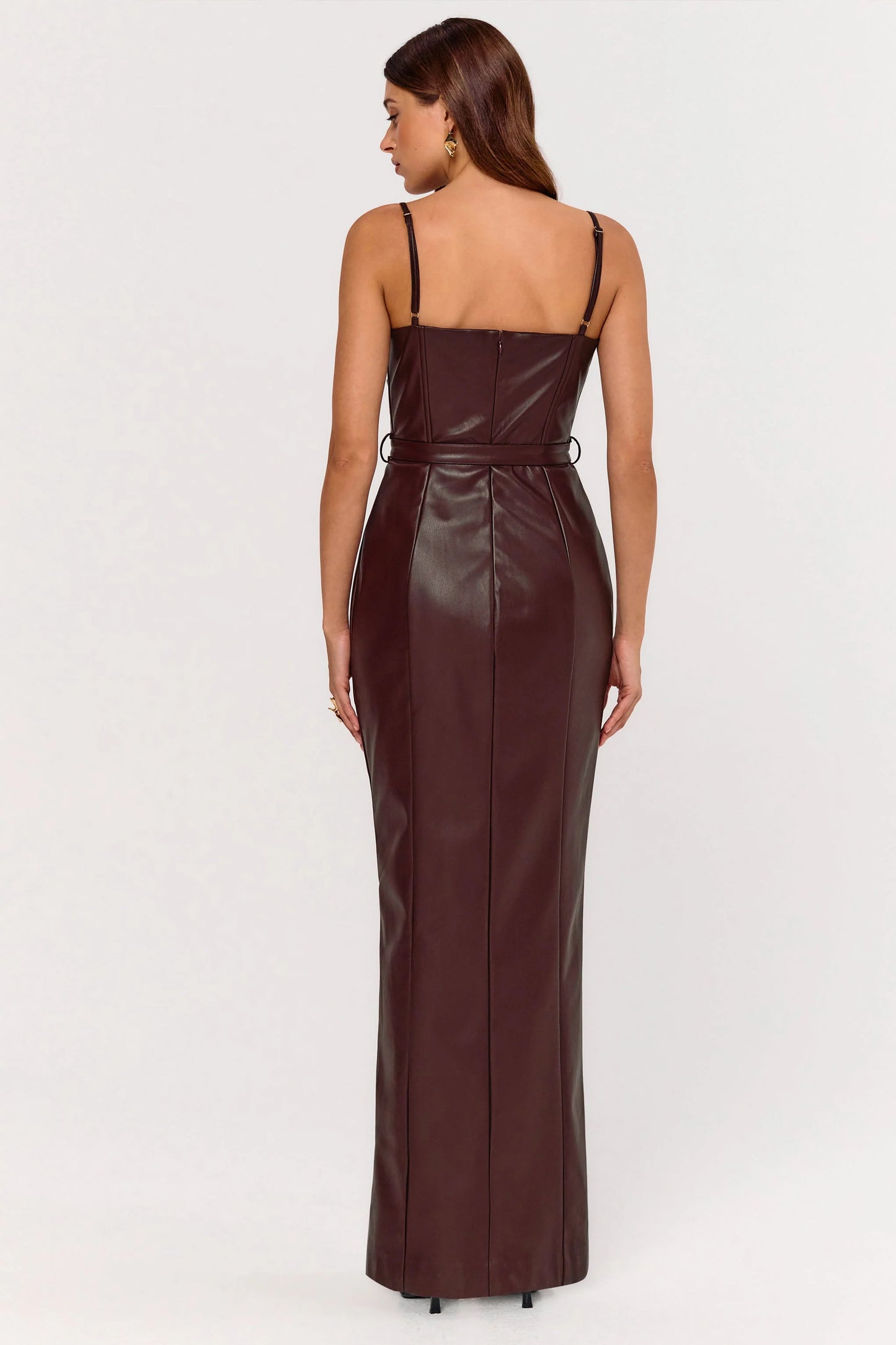 Lila Burgundy Faux Leather Plunge-Neck Maxi Dress With Split