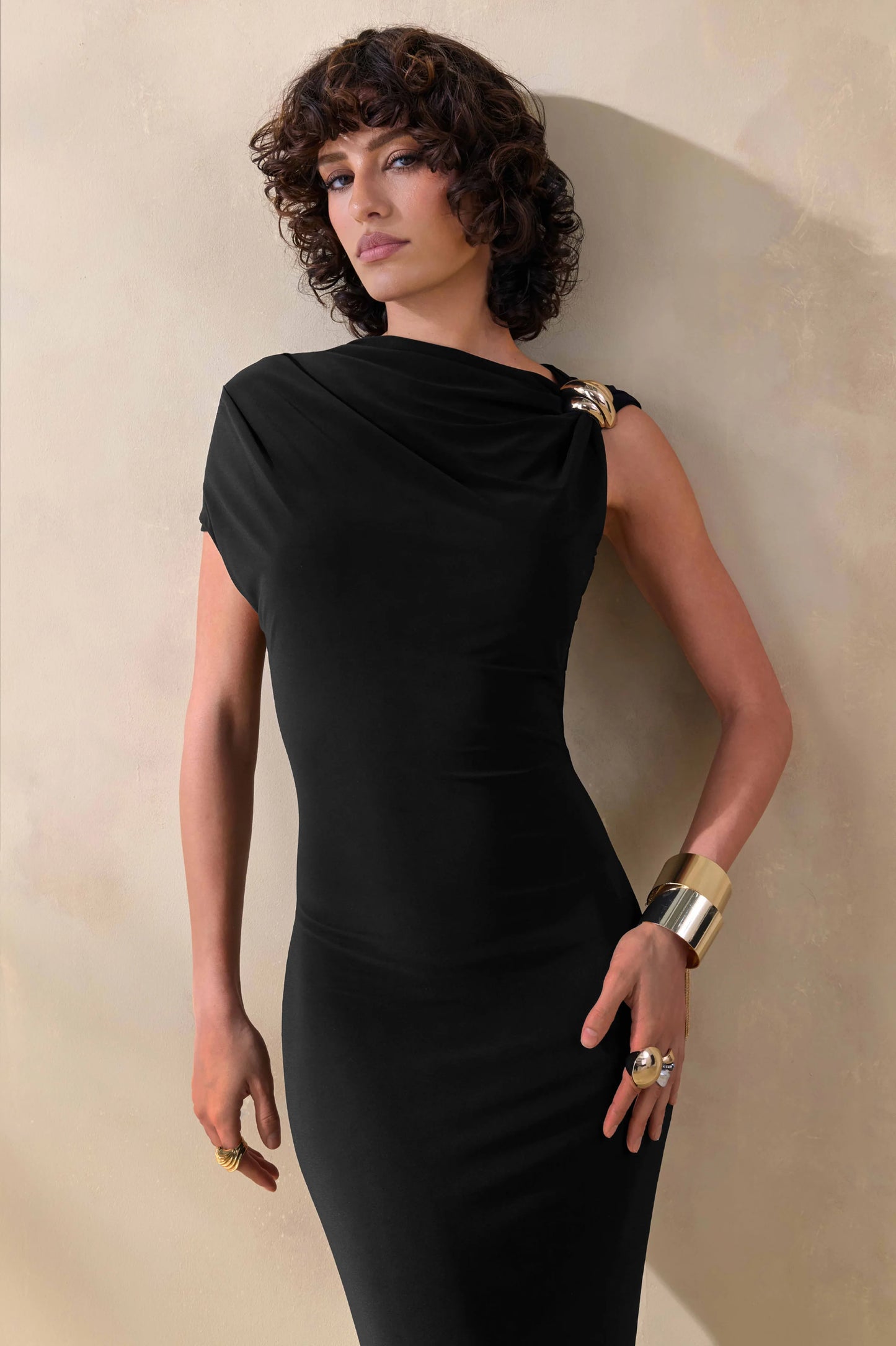 Blaire Black Asymmetric-Neck Maxi Dress With Gold-Detailing
