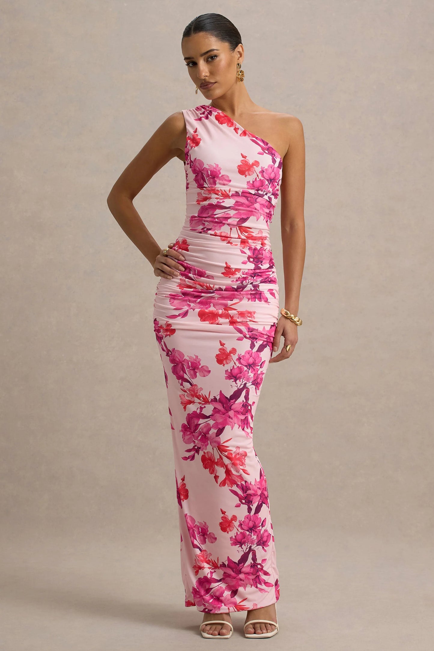 Dalarie Pink and Orange Floral Print One-Shoulder Gathered Maxi Dress
