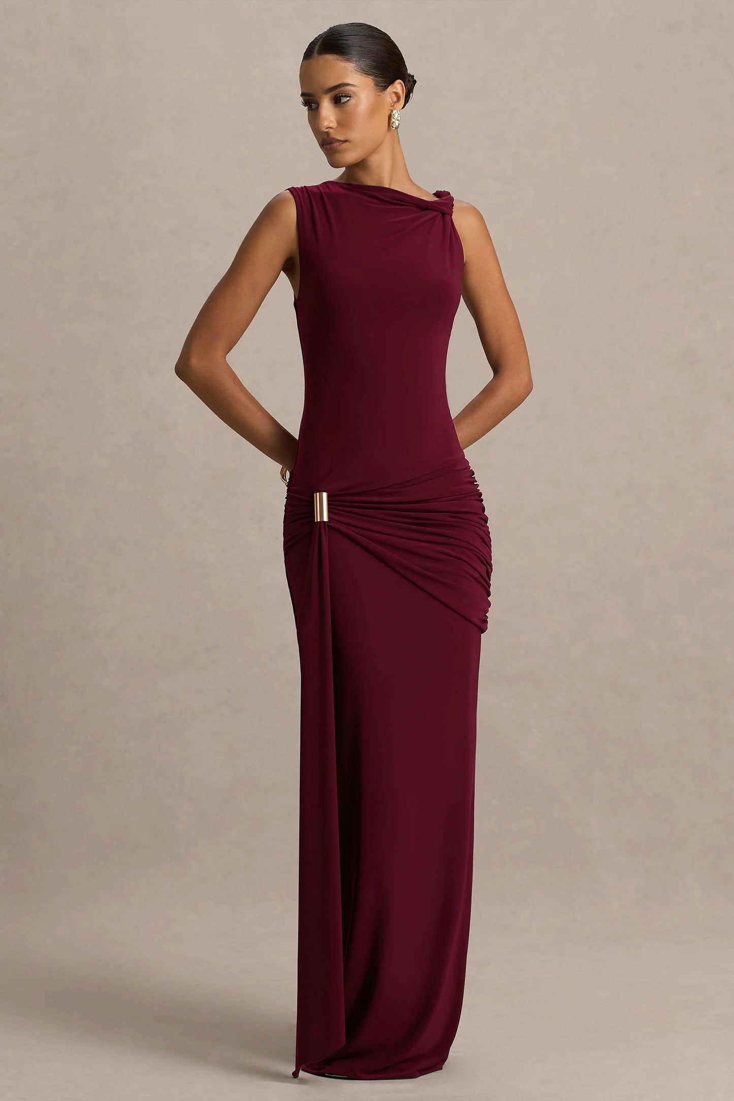 Decadence Burgundy High-Neck Wrapped Maxi Dress With Twist-Sleeve
