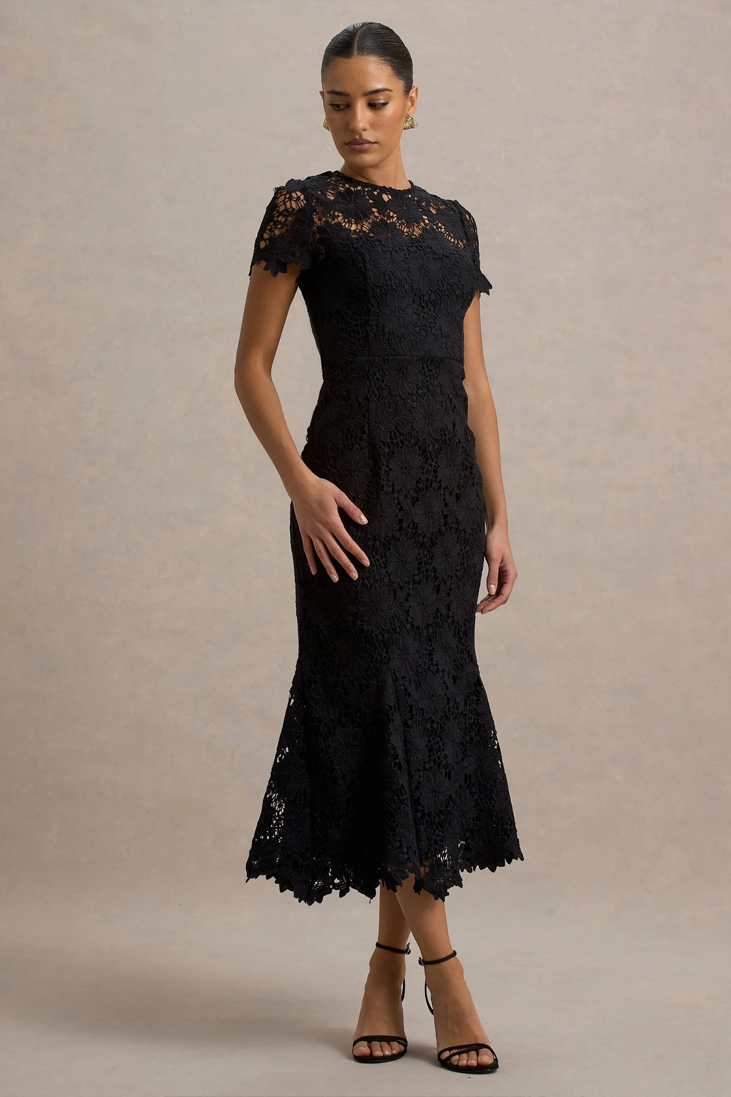 Clarissa Black Lace Short-Sleeve Midi Dress