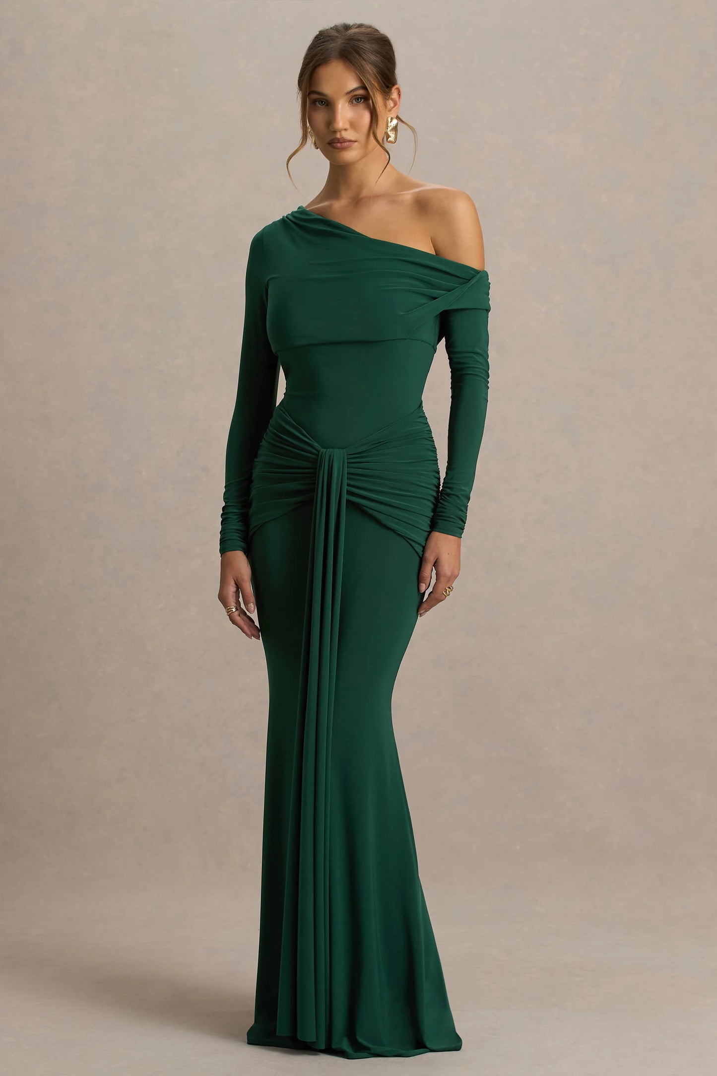 Clover Dark Green Asymmetric-Neck Wrapped Maxi Dress With Sash