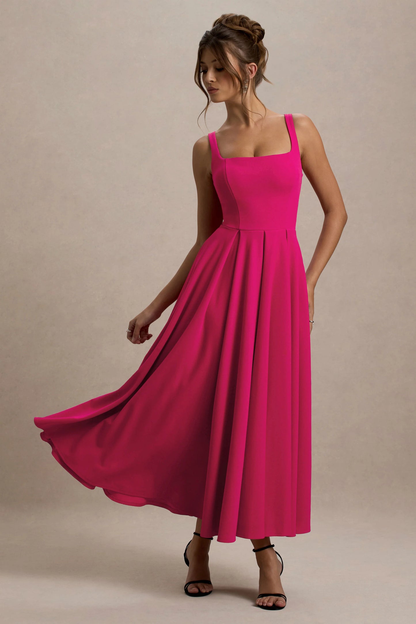 Parina Hot Pink Strappy Volume-Hem Midi Dress