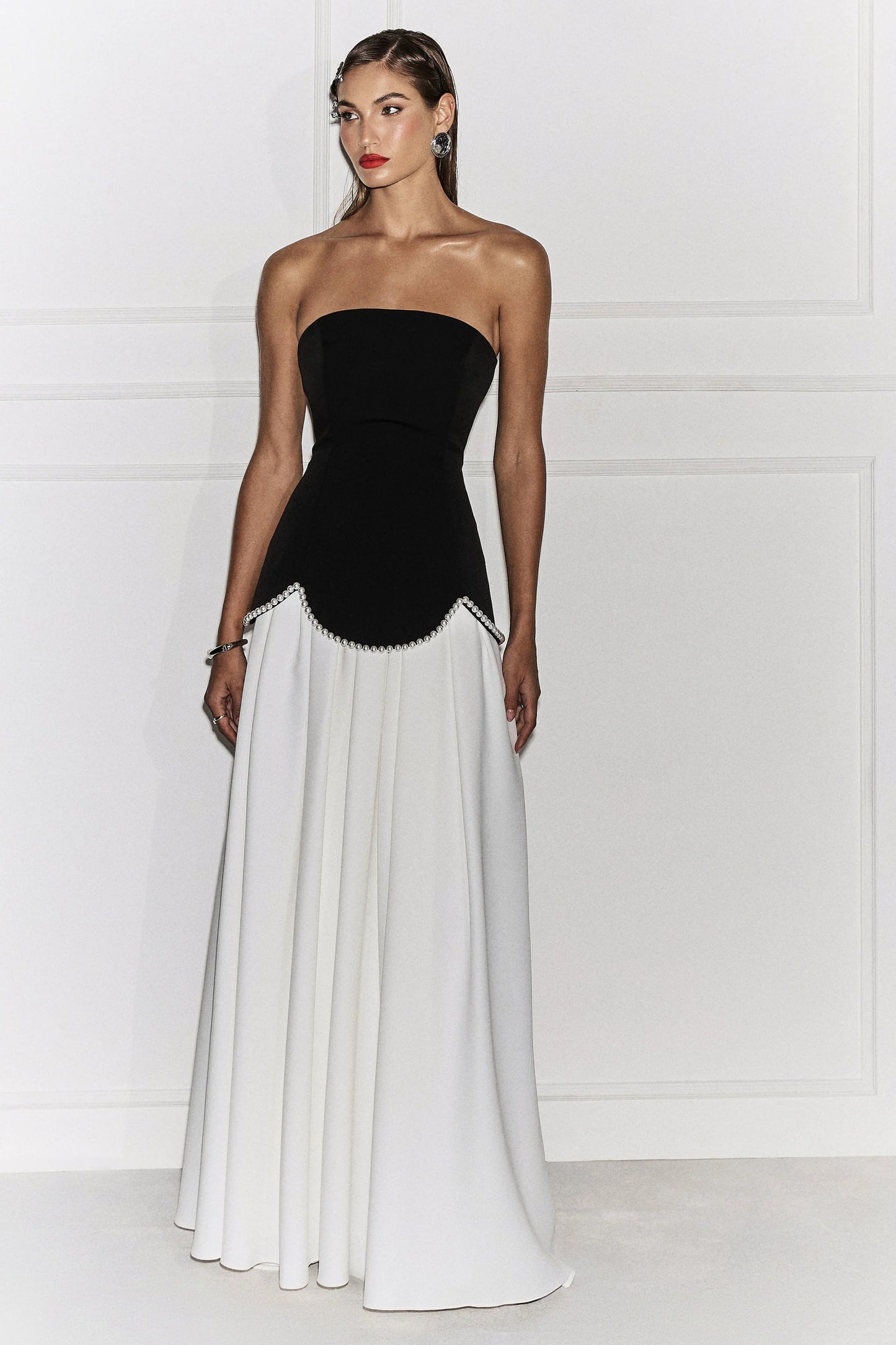 Wendy Black And White Maxi Dress With Drop-Waist And Pearl Embellishment