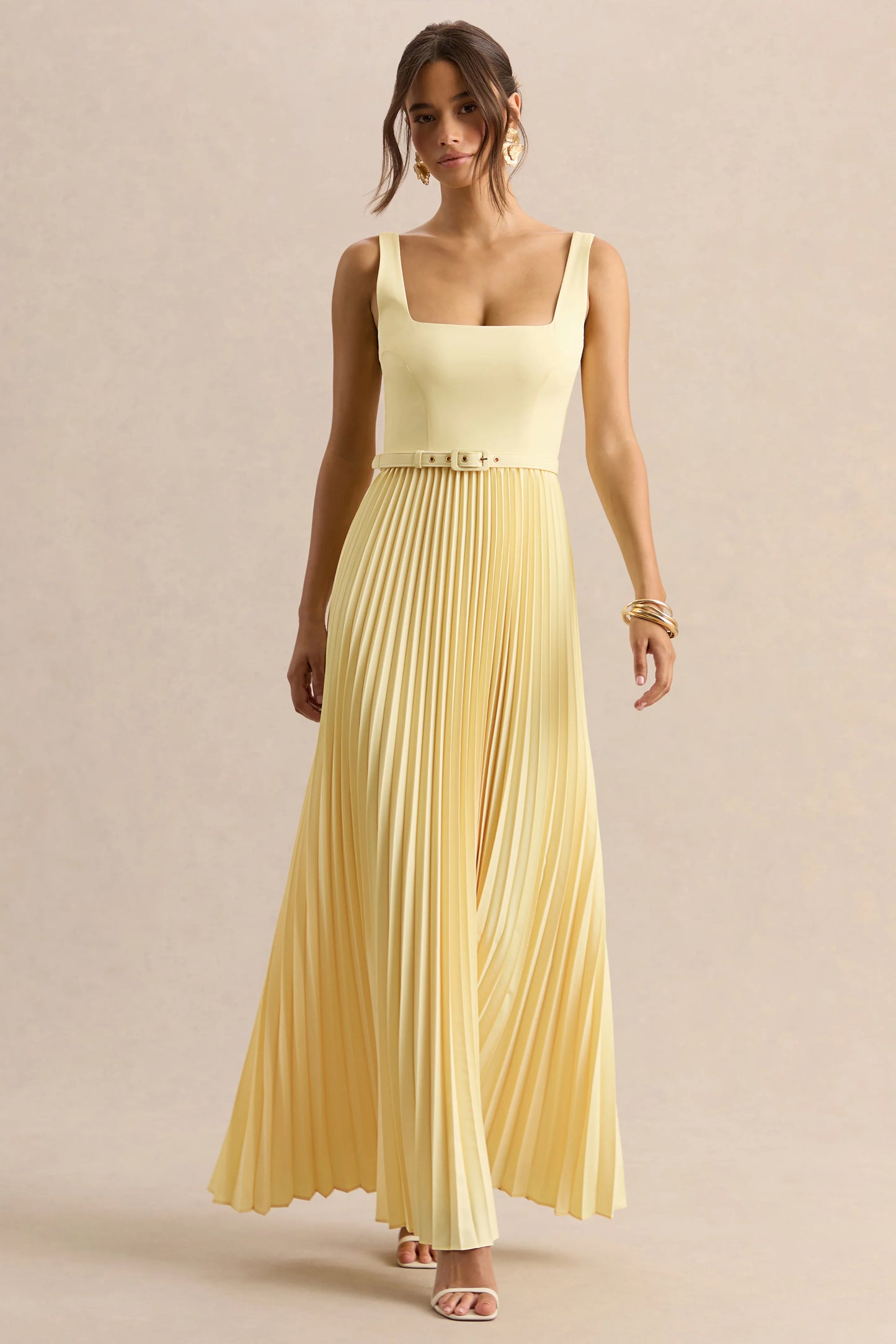 Danika Lemon Square-Neck Belted Maxi Dress With Pleated Skirt