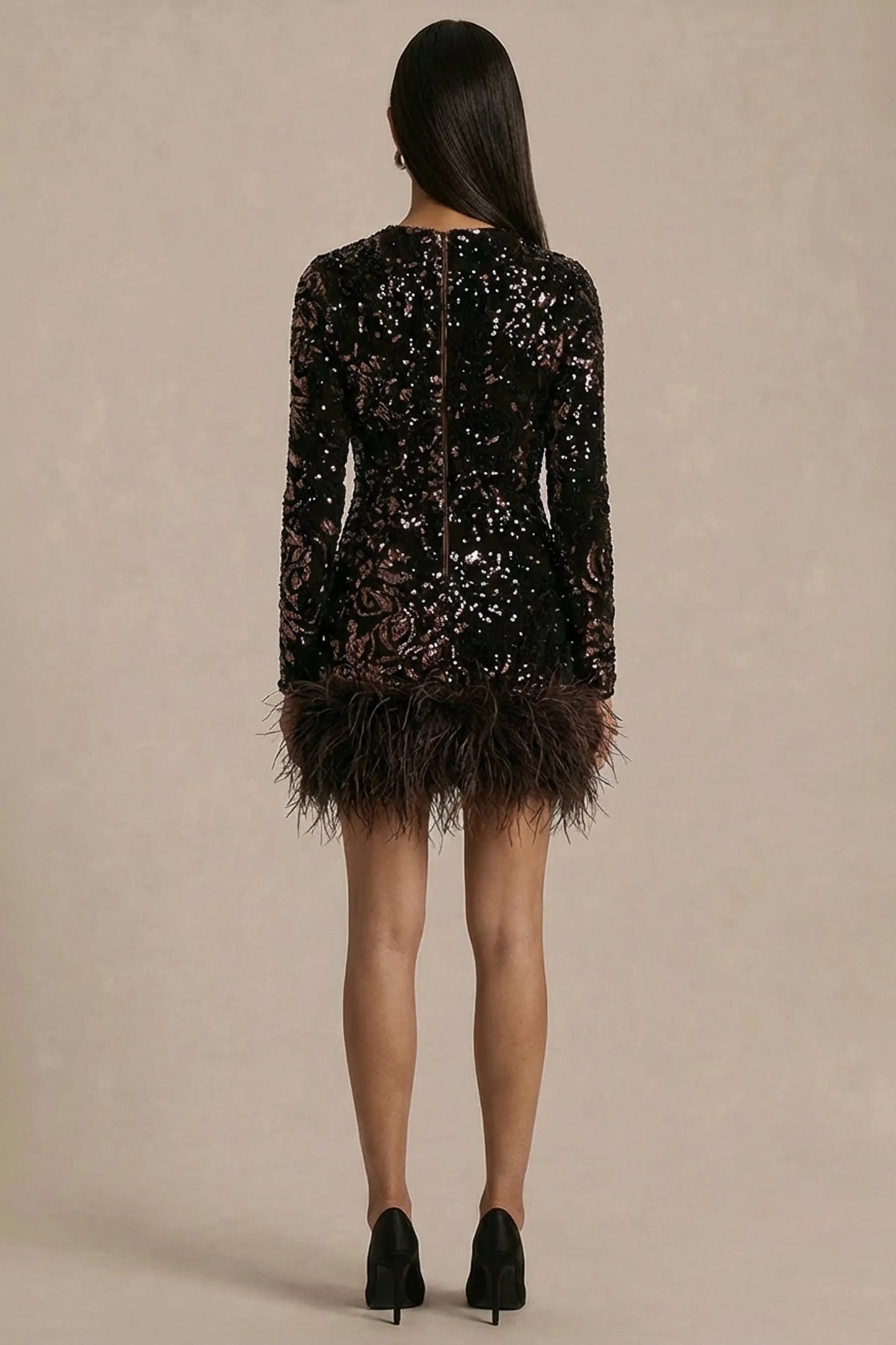 Stardust Brown Sequined Velvet Crew-Neck Mini Dress With Feather Trim
