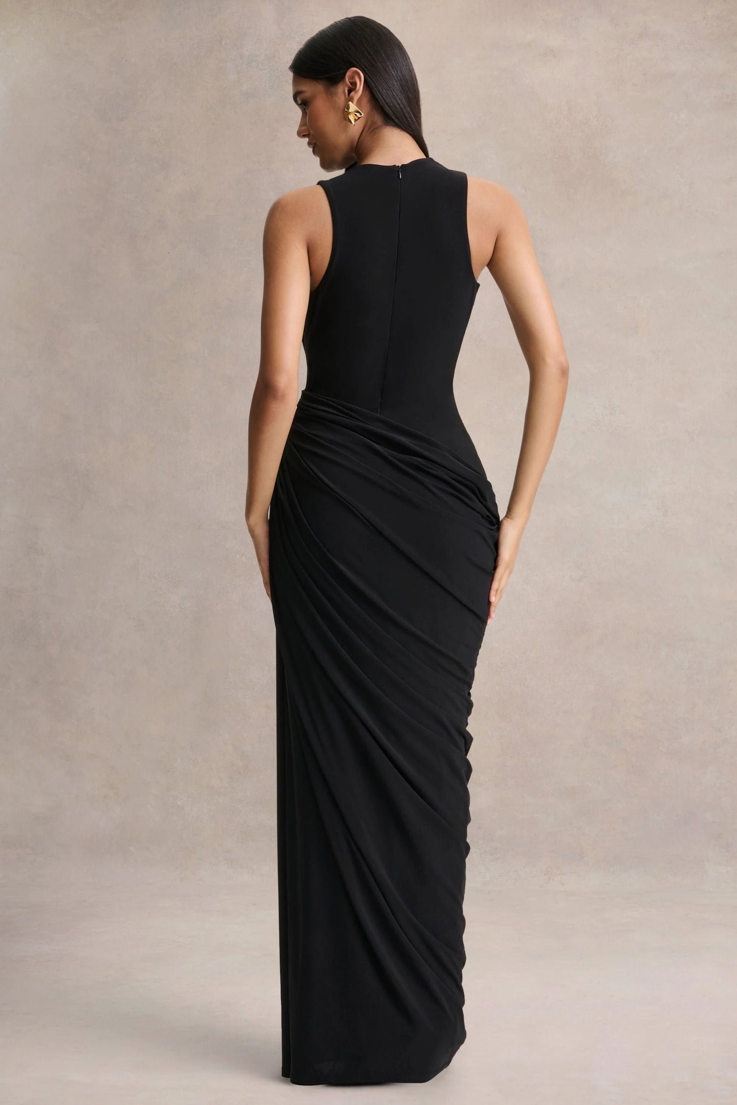 Desiree Black Plunge-Neck Maxi Dress With Draped Detailing