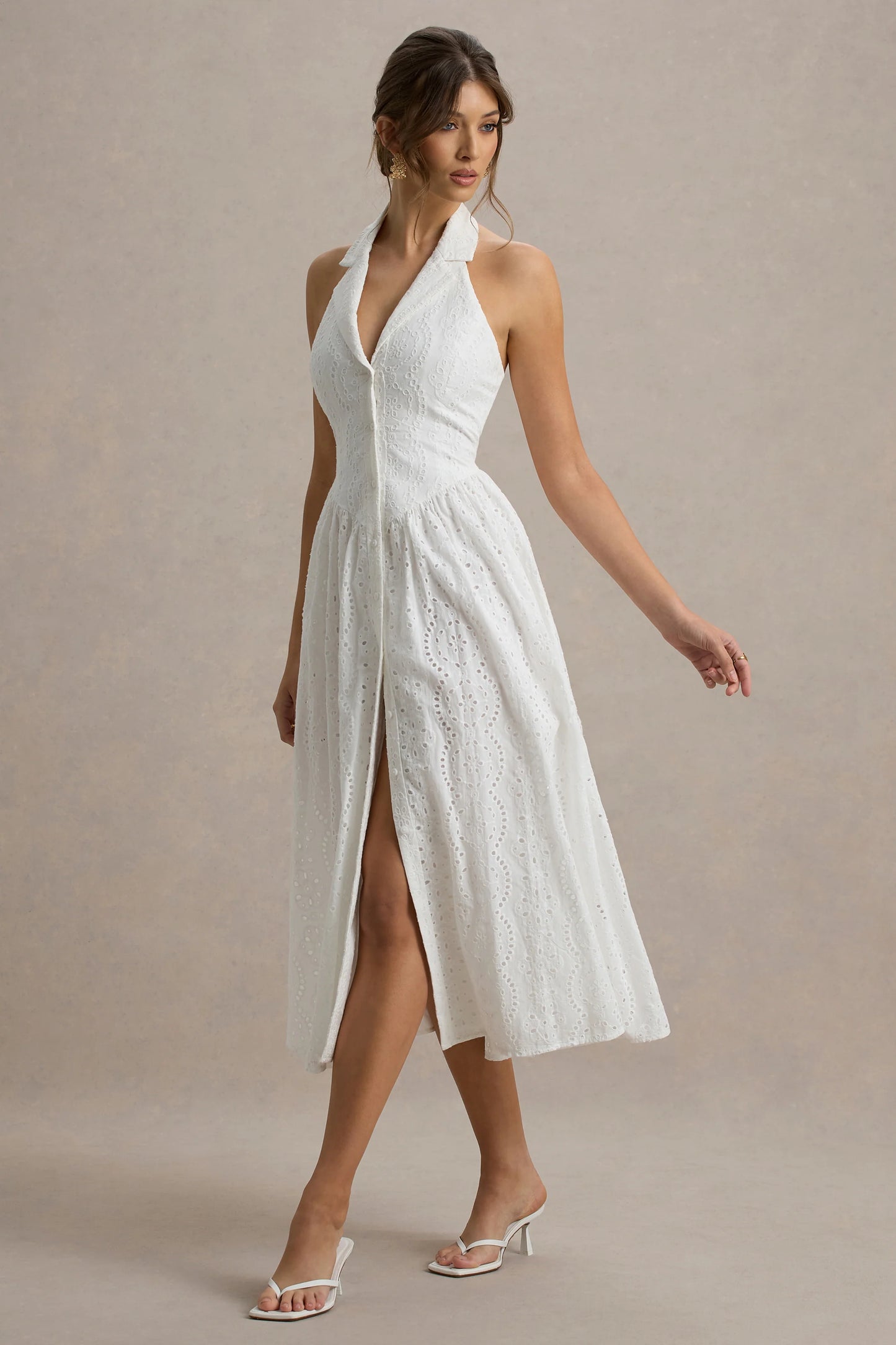 Jezebel White Lace Plunge-Neck Collared Midi Dress