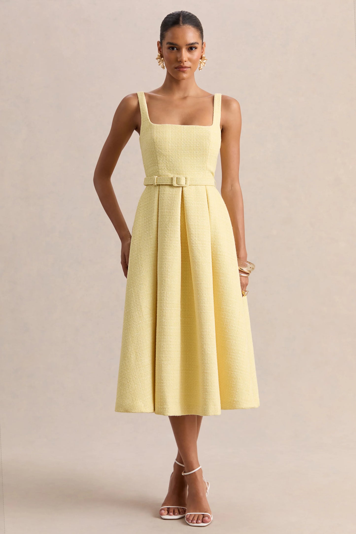 Camoria Lemon Boucle Square-Neck Midi Dress