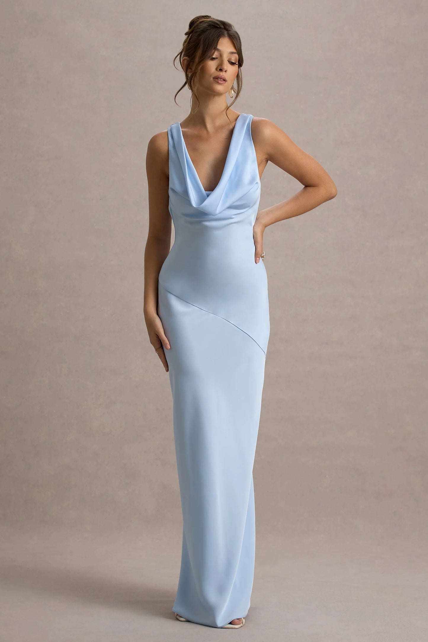 Alesso Powder Blue Satin Cowl-Neck Slip-Maxi Dress