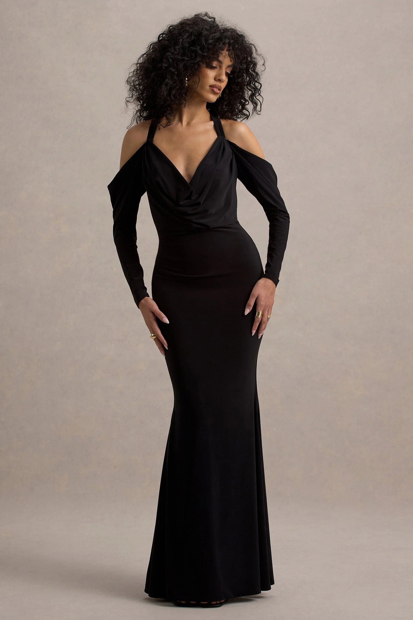 Hurghada Black Plunge-Neck Long-Sleeve Maxi Dress
