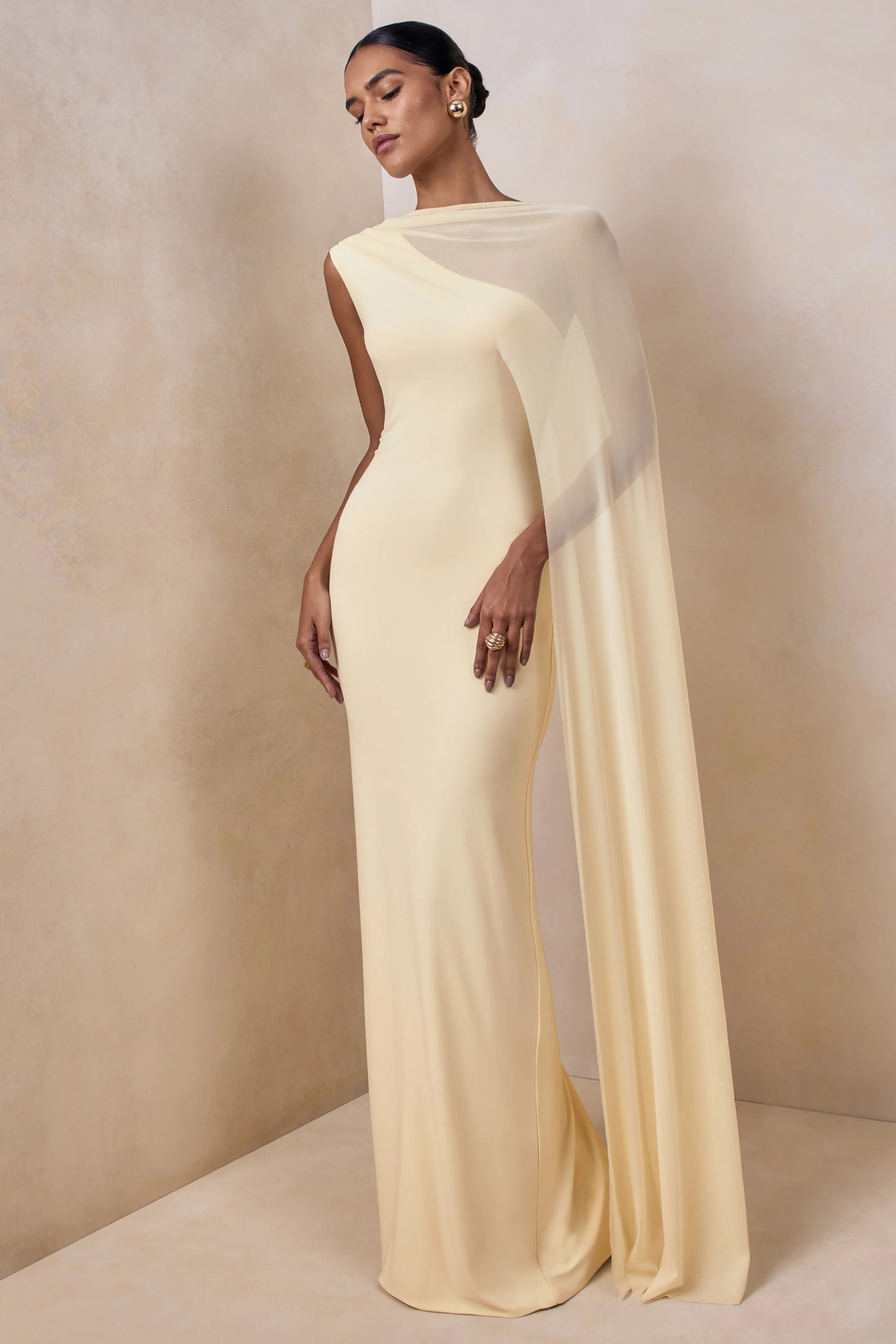 Mirelle Lemon Boat-Neck Maxi Dress With Cape-Sleeve