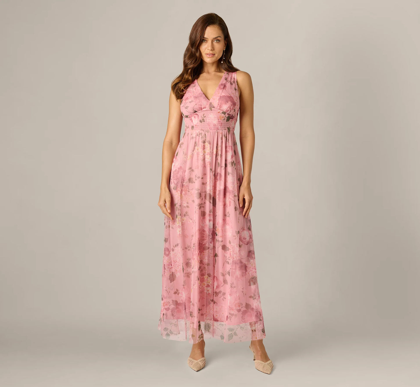 Floral Print Mesh Smocked Maxi Dress In Blush Multi
