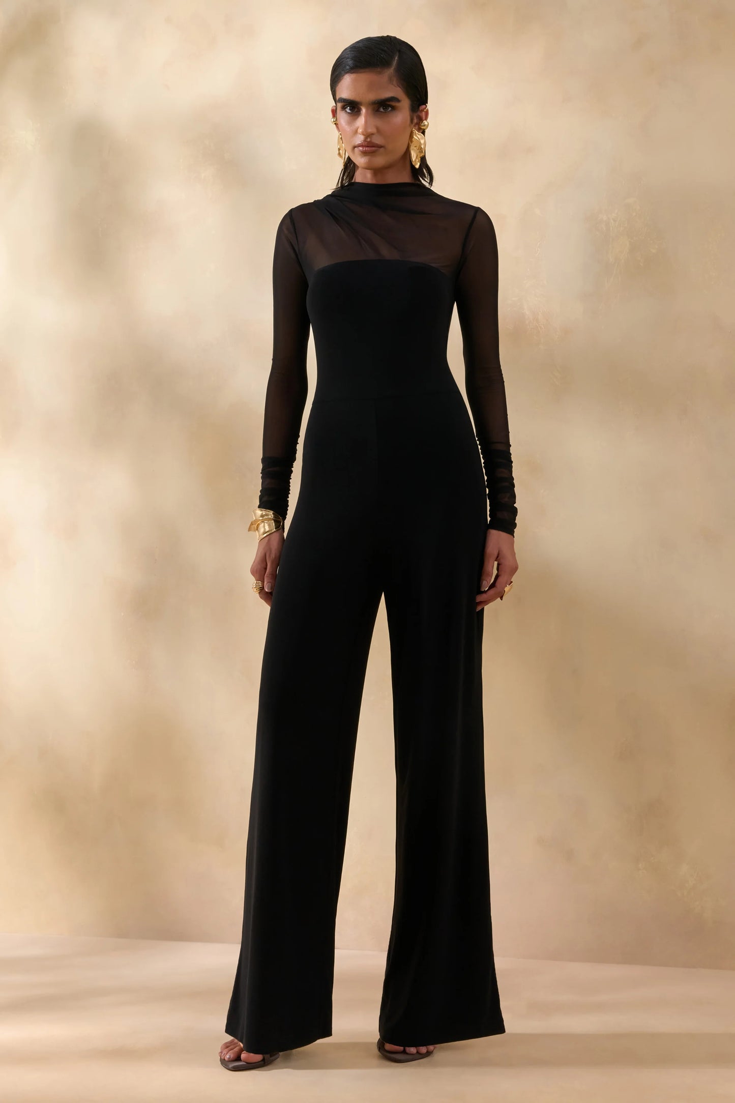 Emeria Black High-Neck Jumpsuit With Long Mesh-Sleeves